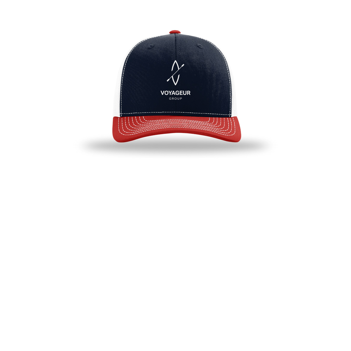 voyageurgroup-richardson-trucker-cap-embroidery-capfront-R112-navywhitered-flat-front