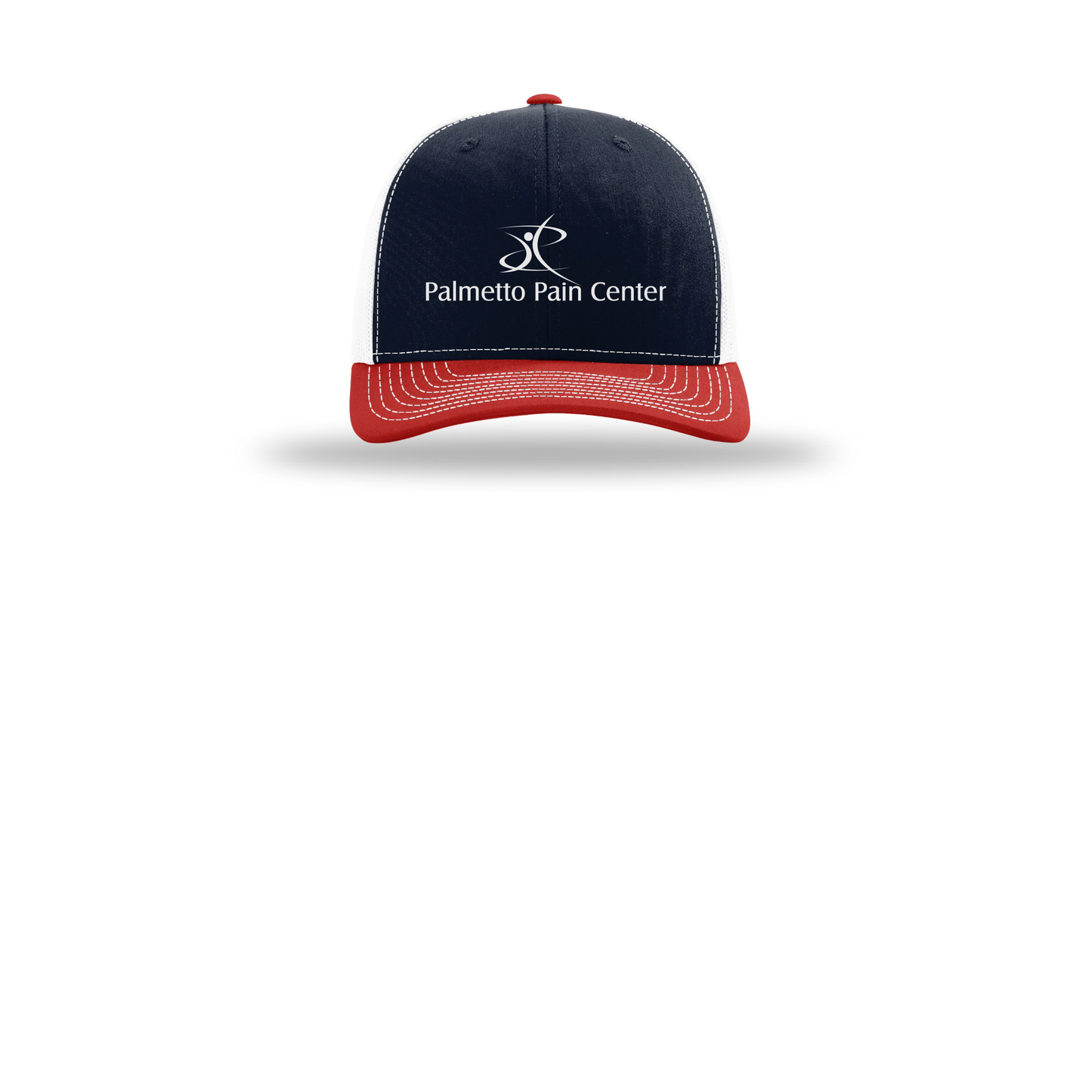 palmetto-pain-center-richardson-trucker-cap-embroidery-capfront-R112-navywhitered-flat-front