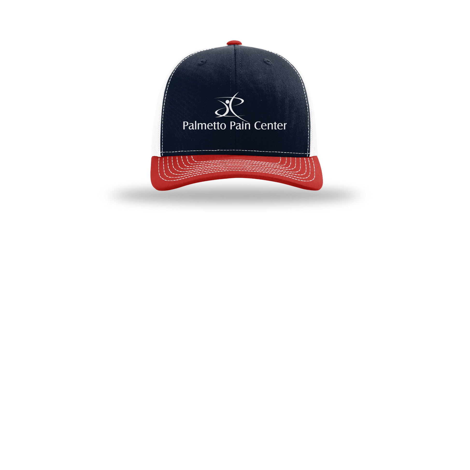 palmetto-pain-center-richardson-trucker-cap-embroidery-capfront-R112-navywhitered-flat-front