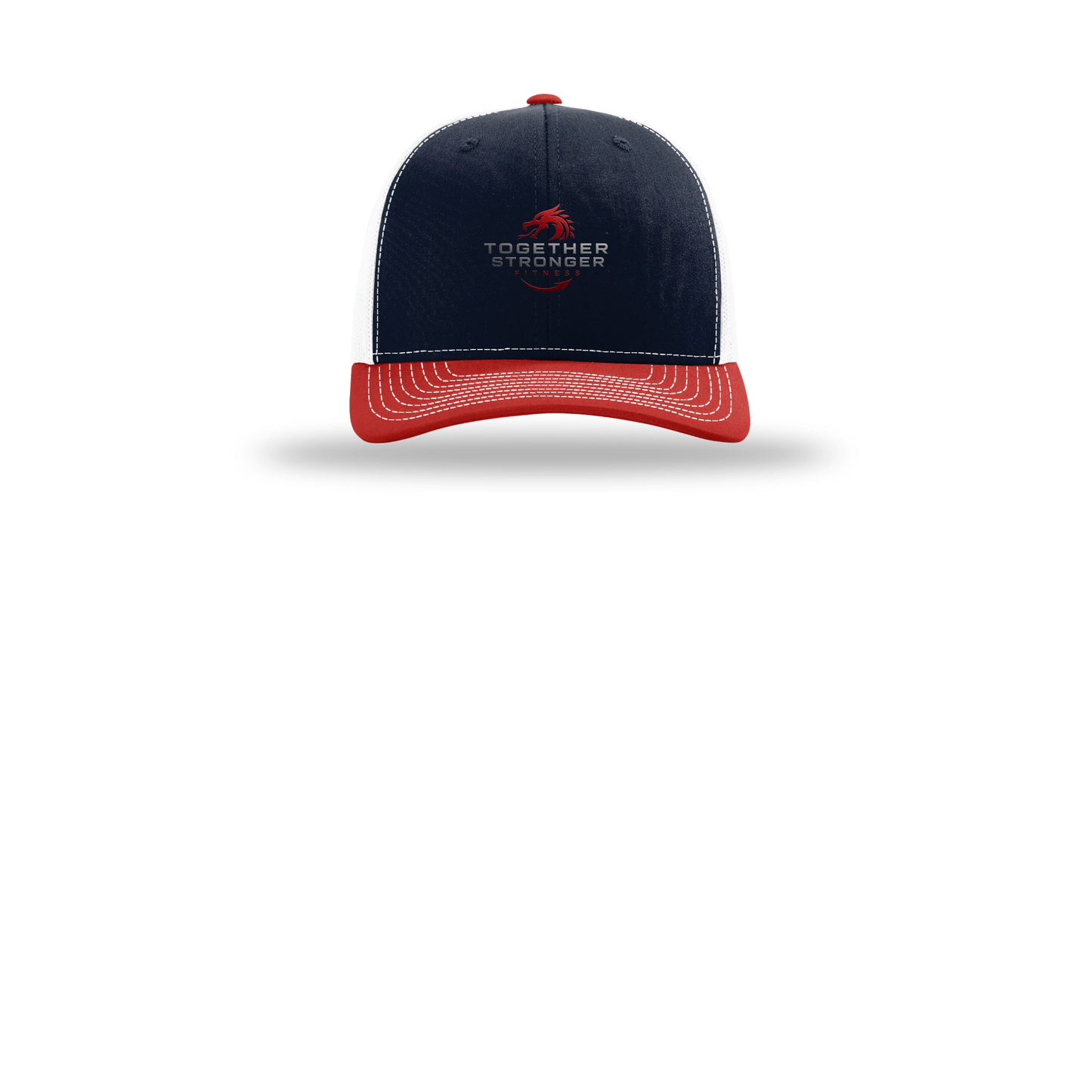 togetherstrongerfitness-richardson-trucker-cap-embroidery-capfront-R112-navywhitered-flat-front