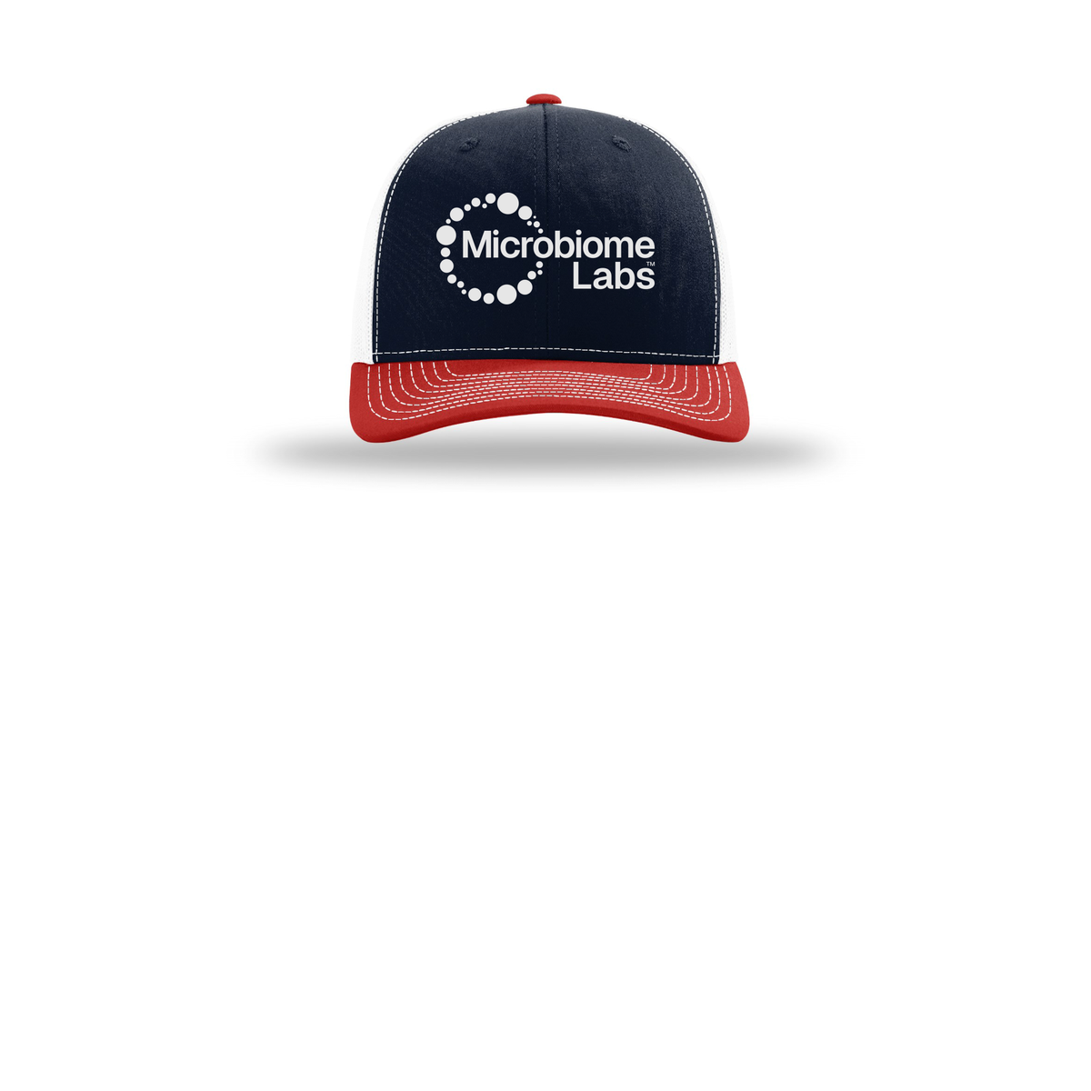 microbiomelabs-richardson-trucker-cap-embroidery-capfront-R112-navywhitered-flat-front
