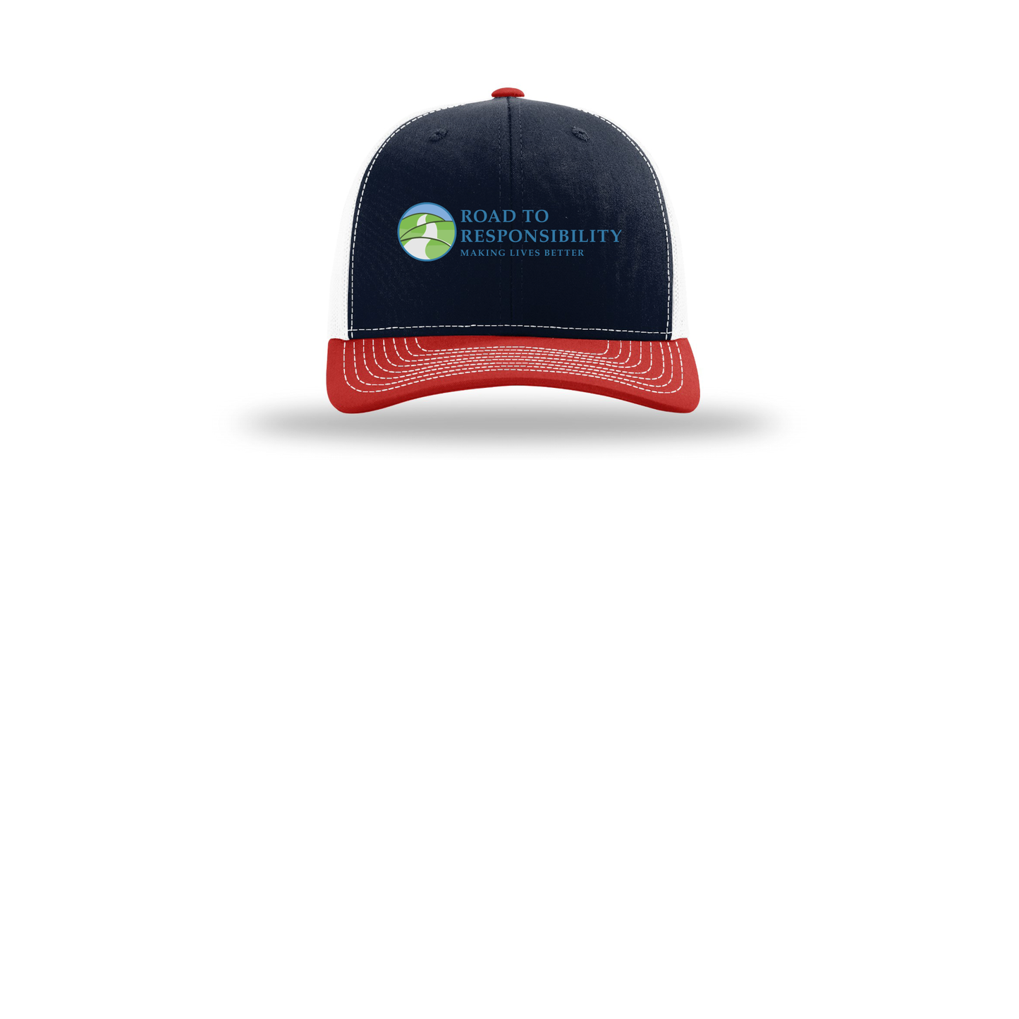 roadtoresponsibility-richardson-trucker-cap-embroidery-capfront-R112-navywhitered-flat-front