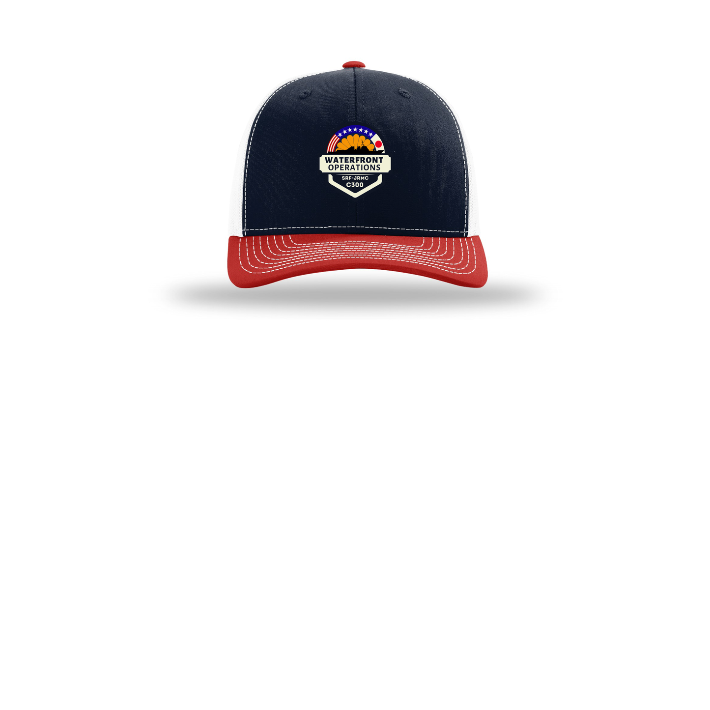 waterfront-operations-retro-trucker-cap-embroidery-capfront-R112-navywhitered-flat-front
