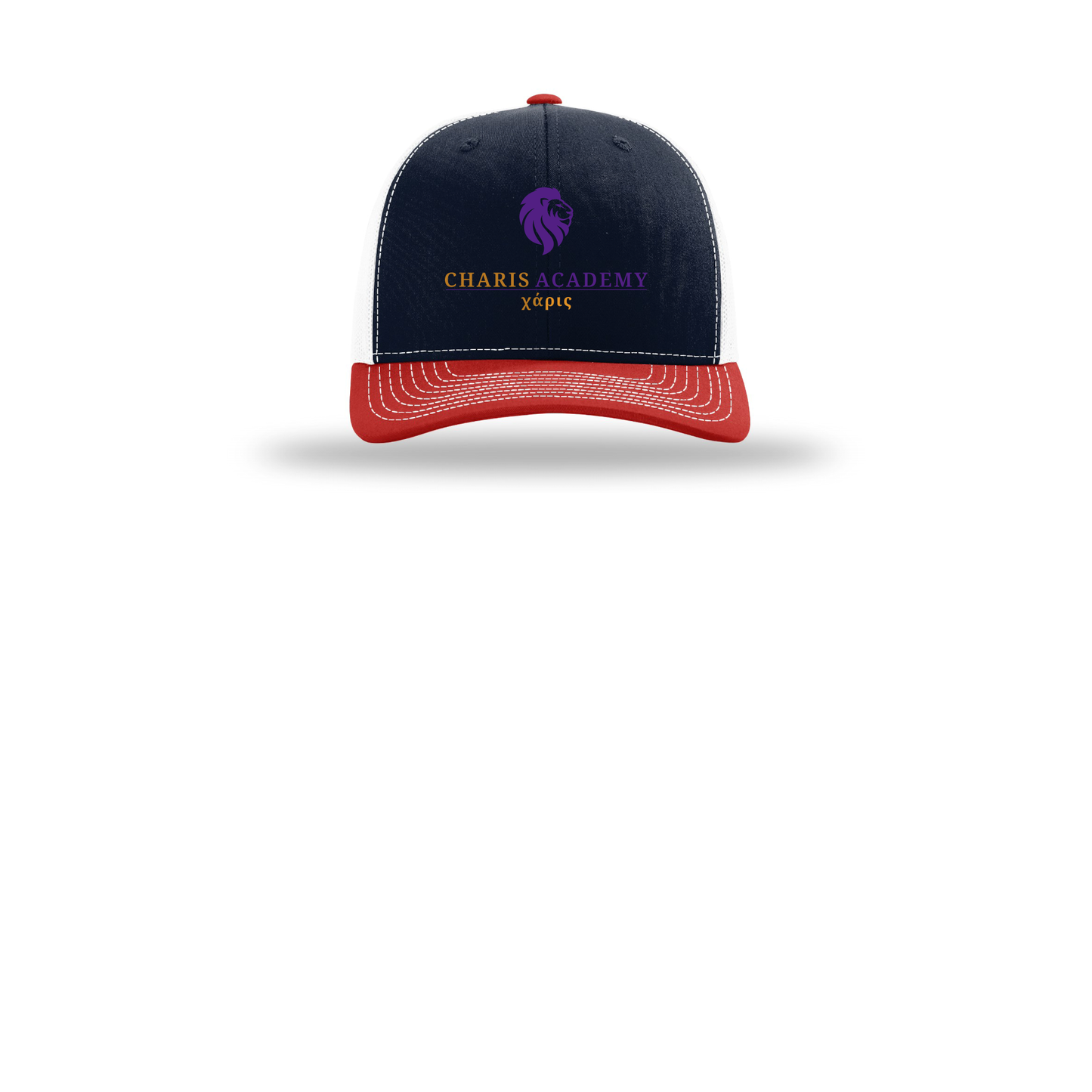 cahazleton-richardson-trucker-cap-embroidery-capfront-R112-navywhitered-flat-front