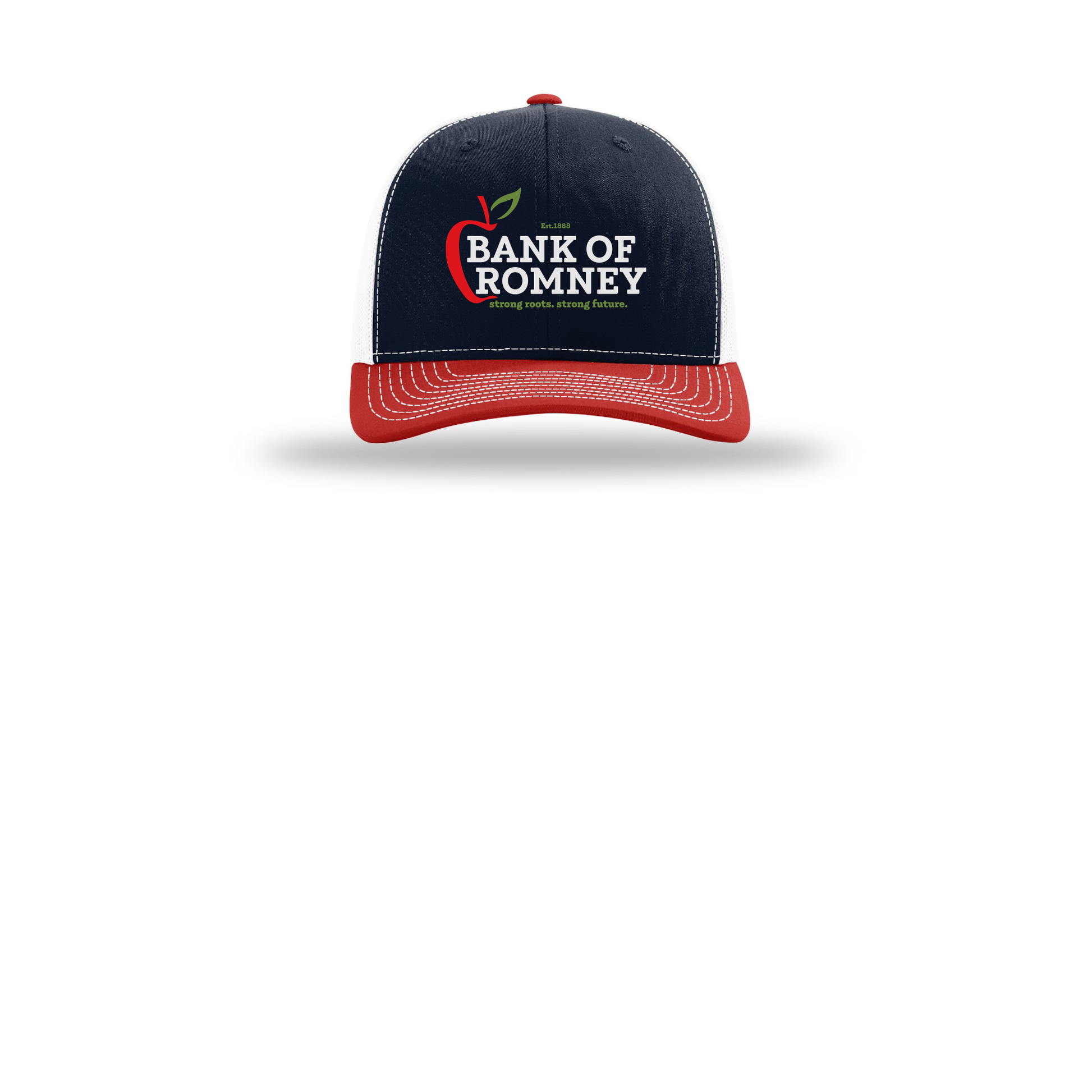 bankofromney-richardson-trucker-cap-embroidery-capfront-R112-navywhitered-flat-front
