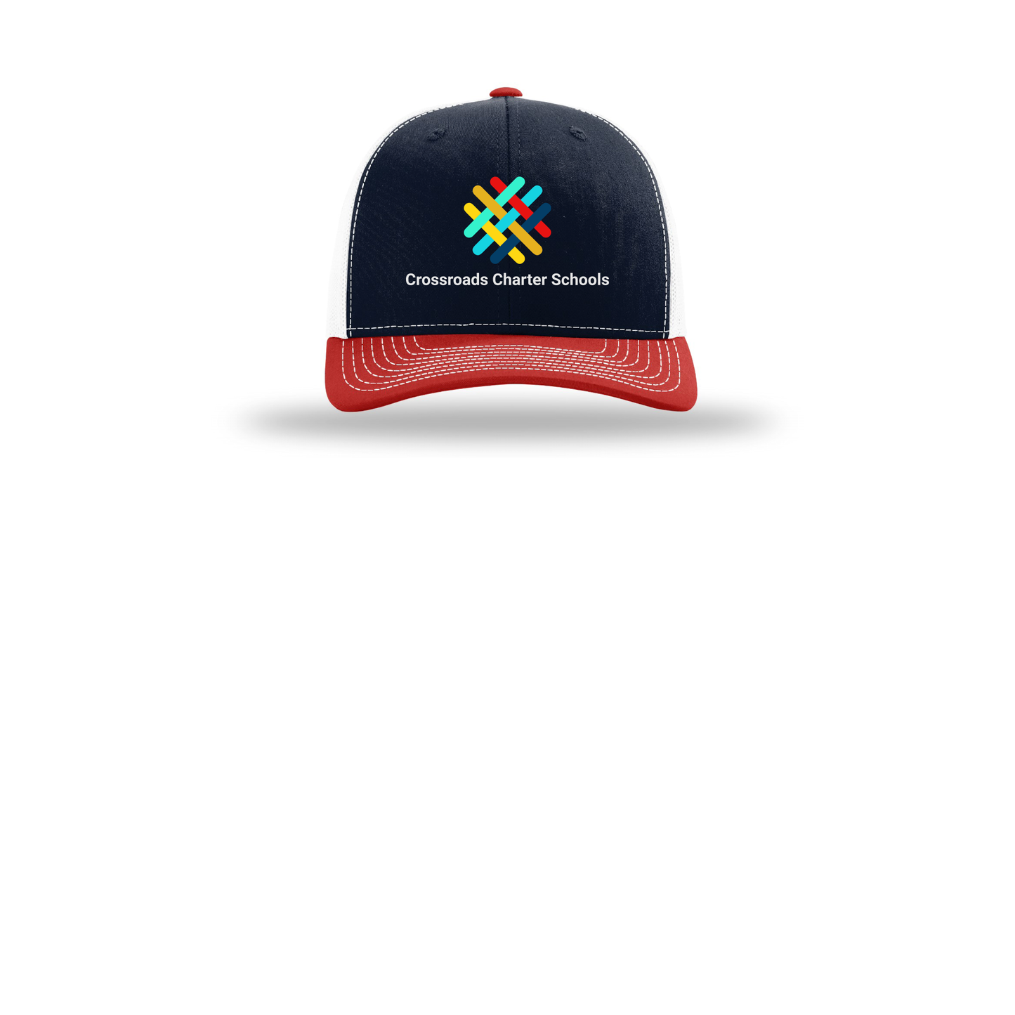 crossroadsschoolskc-richardson-trucker-cap-embroidery-capfront-R112-navywhitered-flat-front