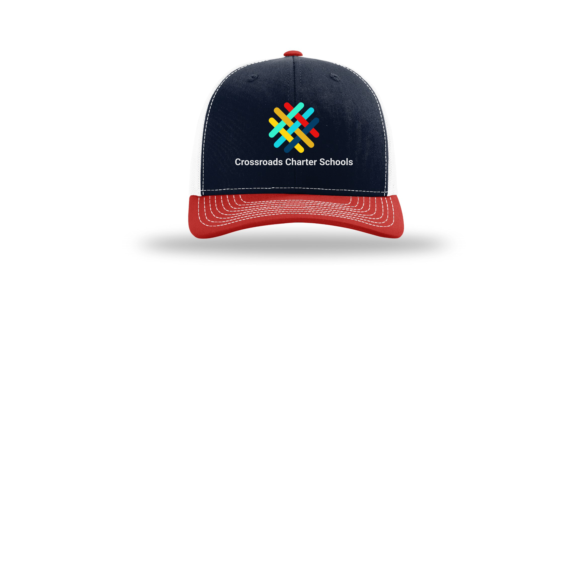 crossroadsschoolskc-richardson-trucker-cap-embroidery-capfront-R112-navywhitered-flat-front