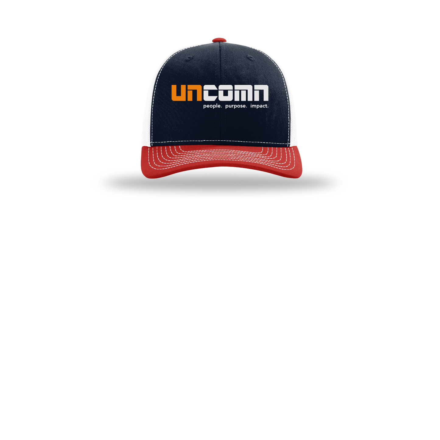 uncomn-richardson-trucker-cap-embroidery-capfront-R112-navywhitered-flat-front