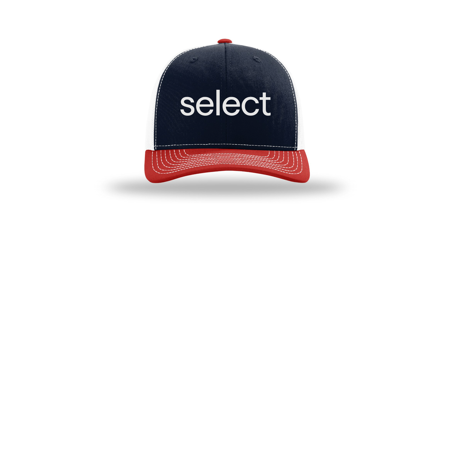 meetselect-richardson-trucker-cap-embroidery-capfront-R112-navywhitered-flat-front