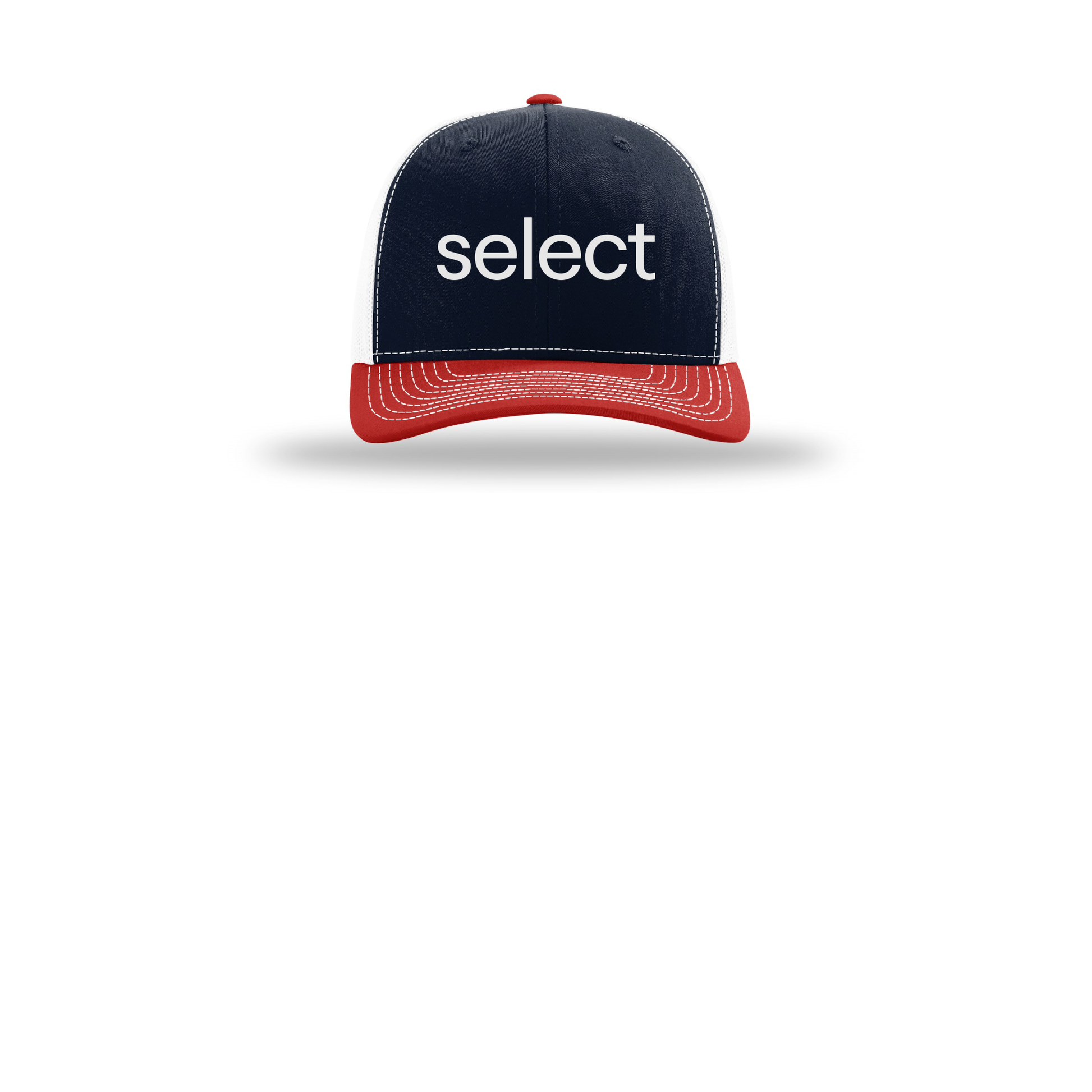 meetselect-richardson-trucker-cap-embroidery-capfront-R112-navywhitered-flat-front