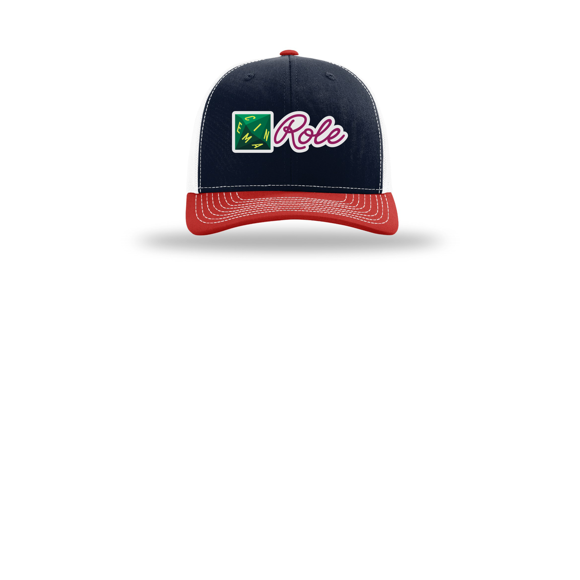 cinemarole-richardson-trucker-cap-embroidery-capfront-R112-navywhitered-flat-front