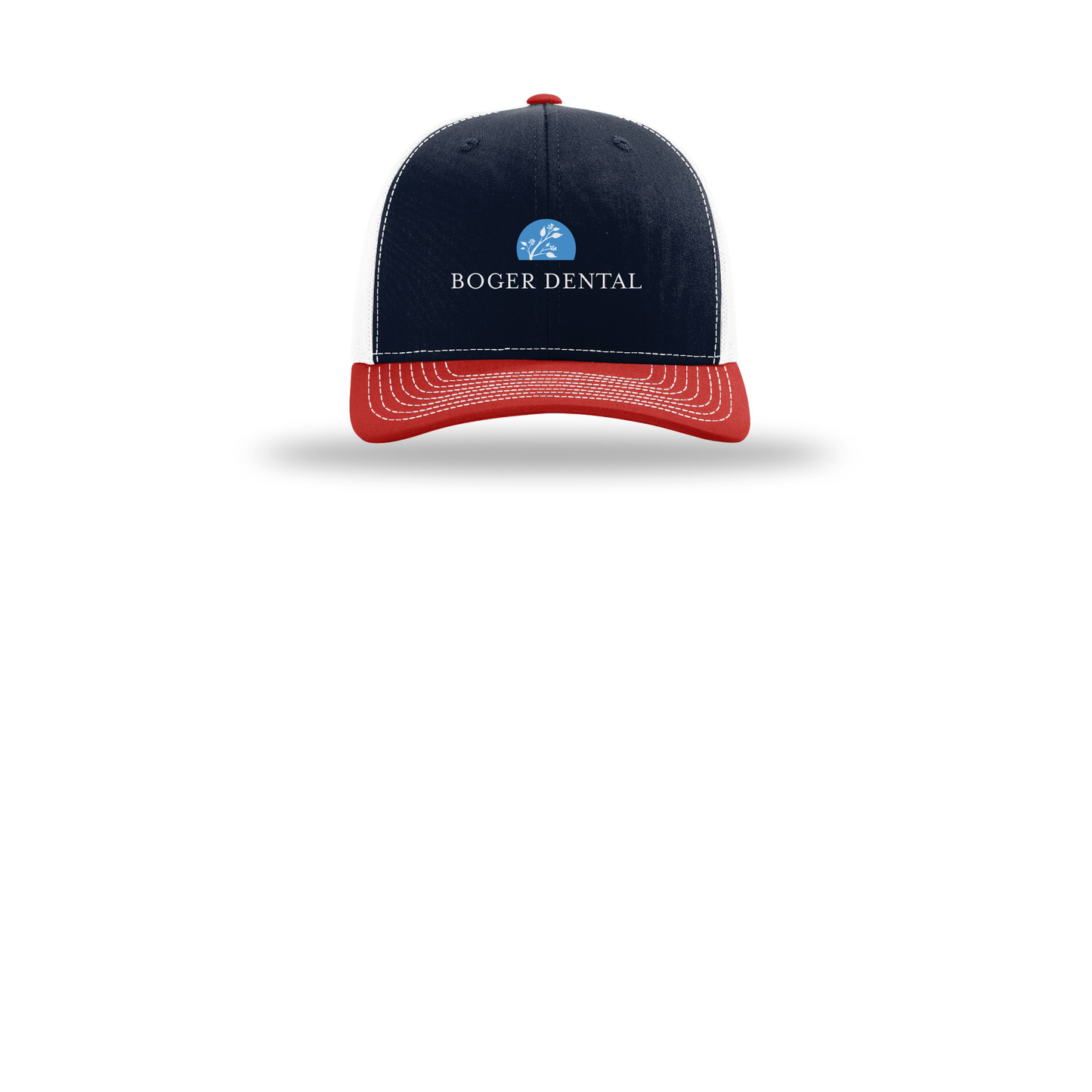 boger-dental-richardson-trucker-cap-embroidery-capfront-R112-navywhitered-flat-front