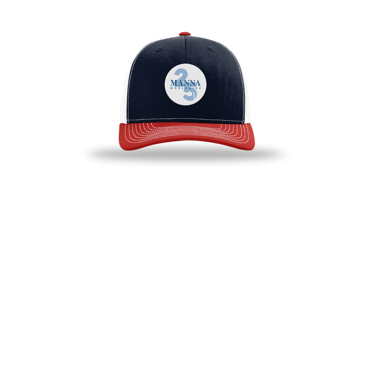 mannaworldwide-richardson-trucker-cap-embroidery-capfront-R112-navywhitered-flat-front