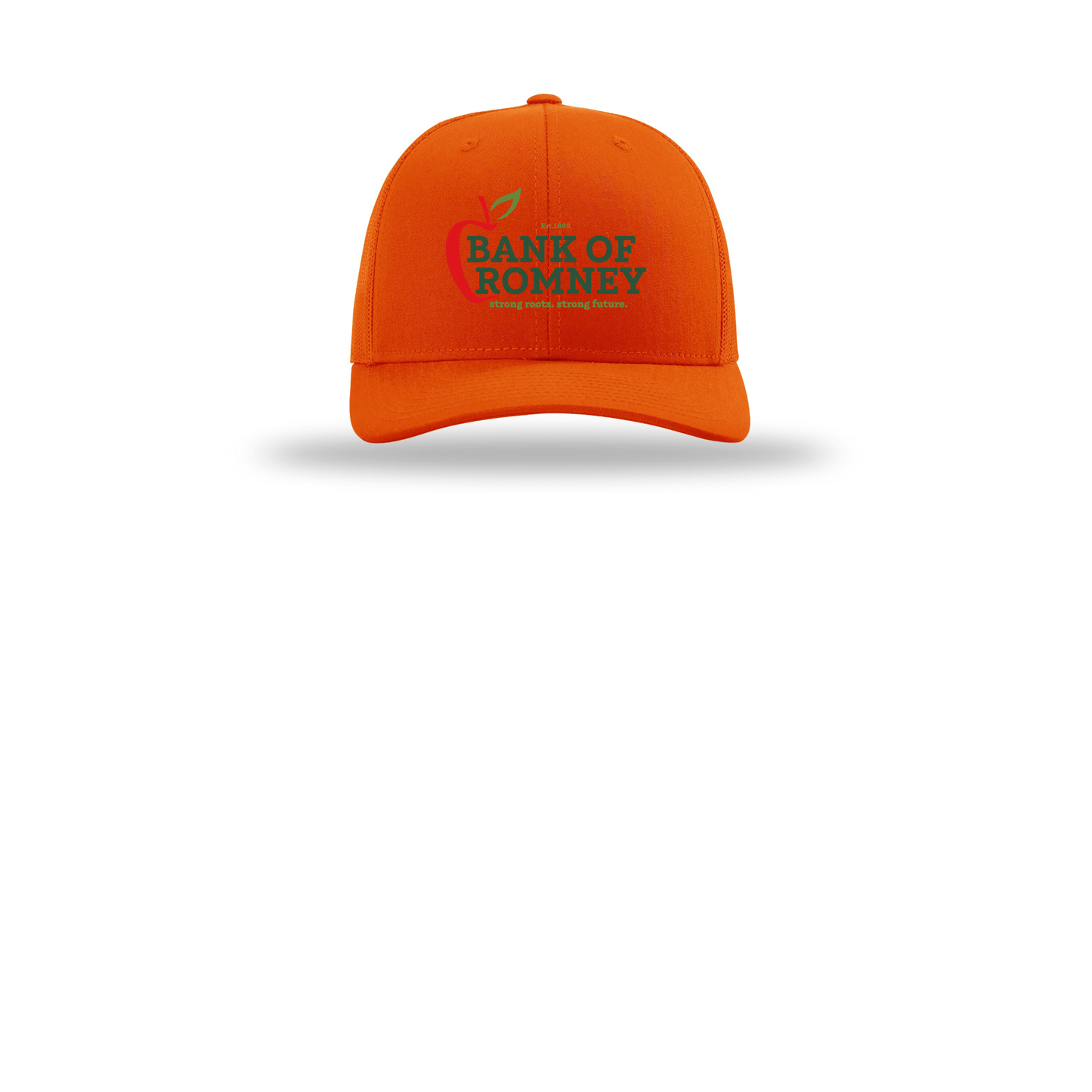 bankofromney-richardson-trucker-cap-embroidery-capfront-R112-orange-flat-front