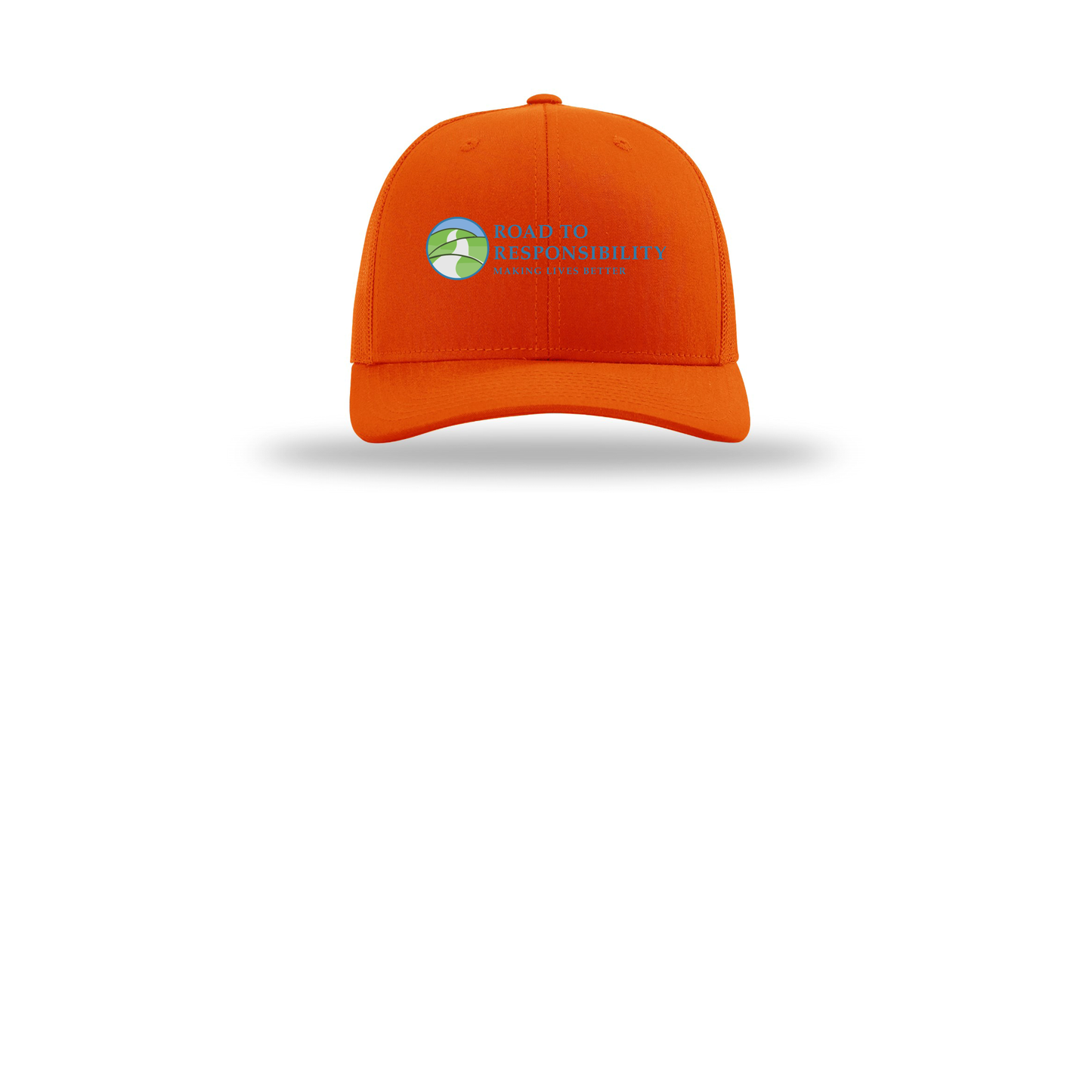 roadtoresponsibility-richardson-trucker-cap-embroidery-capfront-R112-orange-flat-front