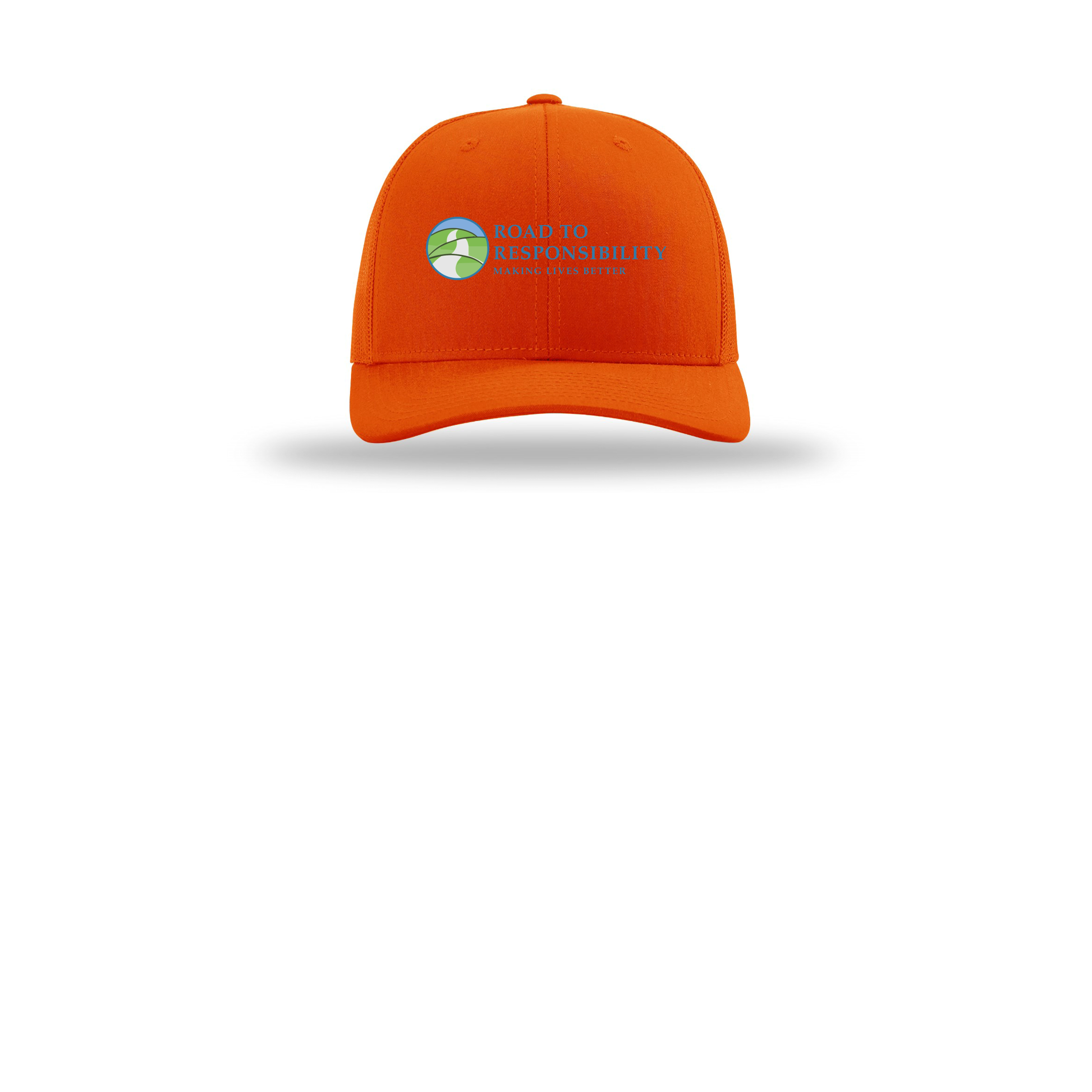 roadtoresponsibility-richardson-trucker-cap-embroidery-capfront-R112-orange-flat-front