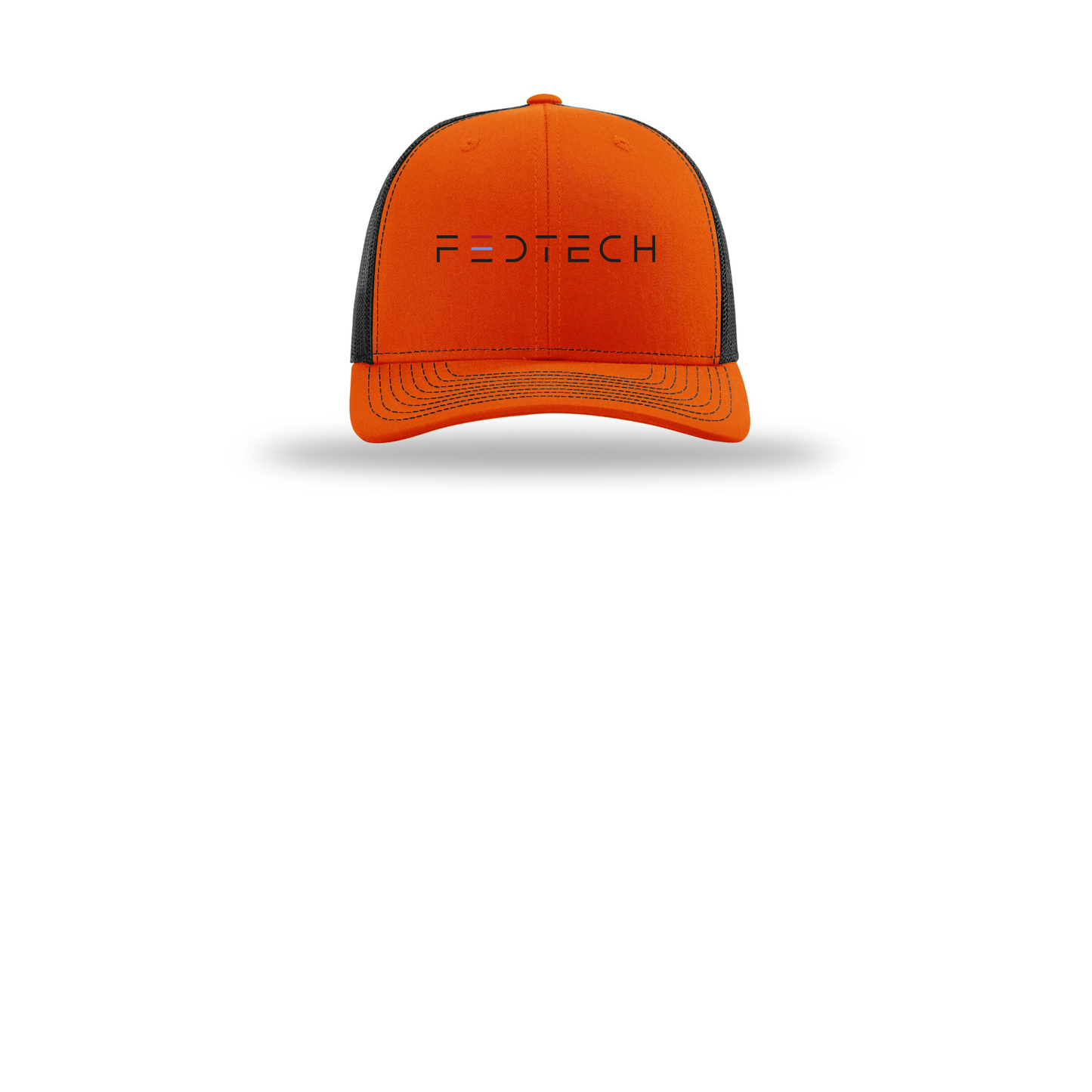 fedtech-richardson-trucker-cap-embroidery-capfront-R112-orangeblack-flat-front