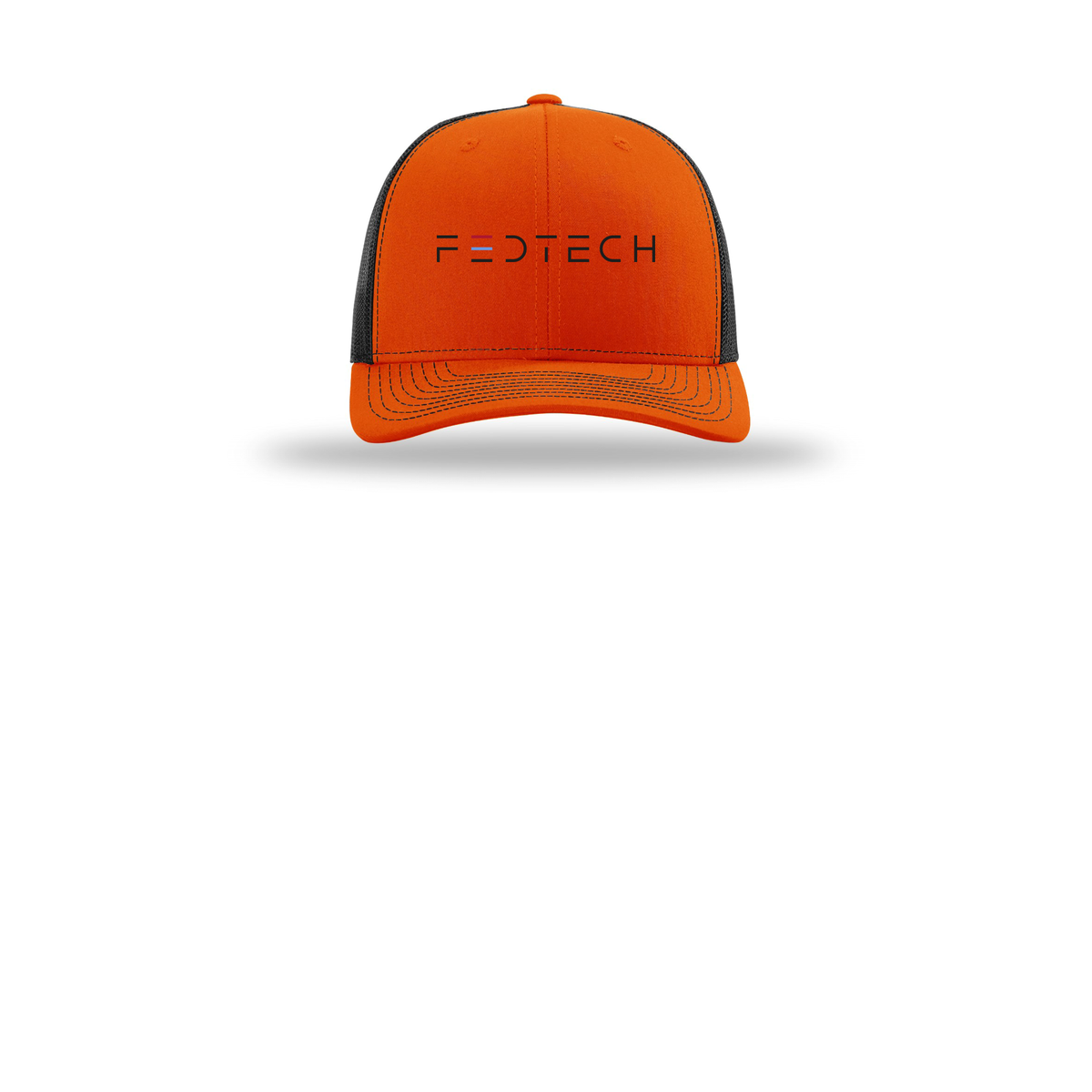 fedtech-richardson-trucker-cap-embroidery-capfront-R112-orangeblack-flat-front