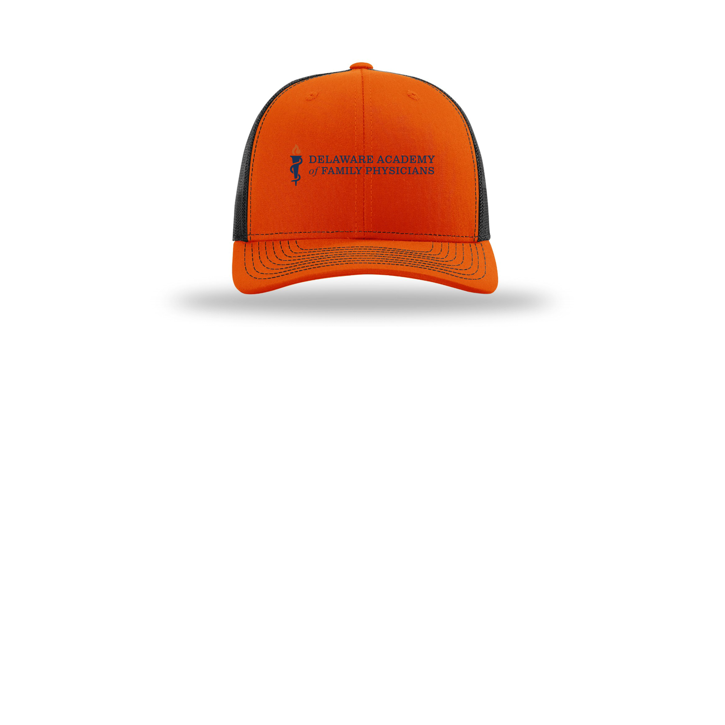 delfamdoc-richardson-trucker-cap-embroidery-capfront-R112-orangeblack-flat-front
