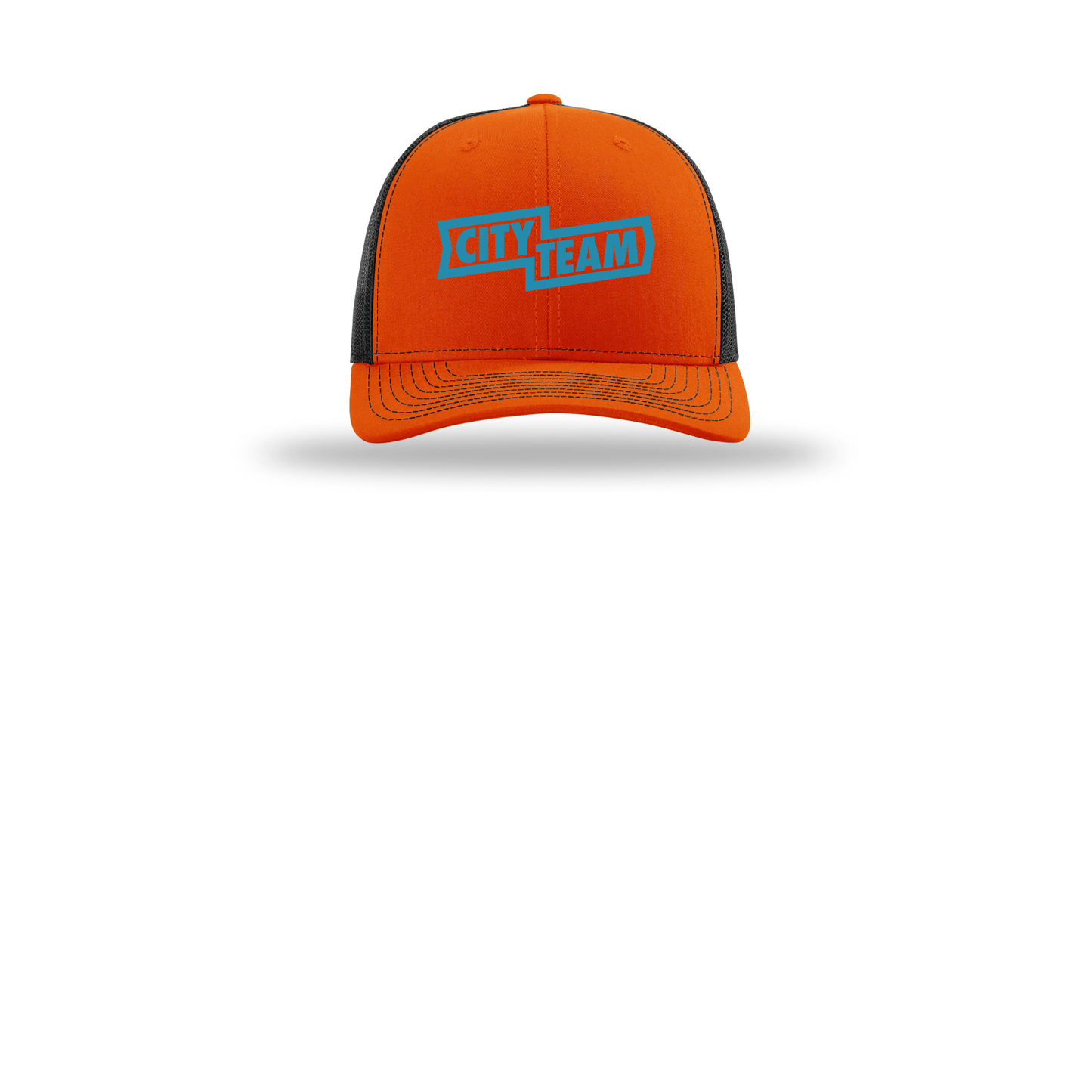 cityteam-richardson-trucker-cap-embroidery-capfront-R112-orangeblack-flat-front