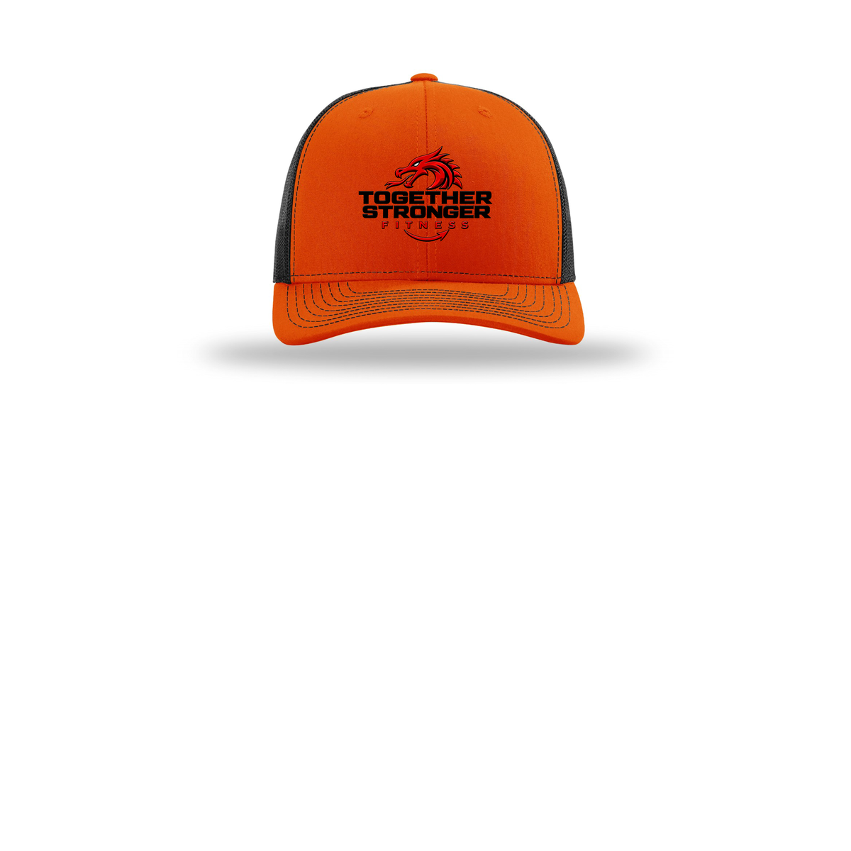 togetherstrongerfitness-richardson-trucker-cap-embroidery-capfront-R112-orangeblack-flat-front