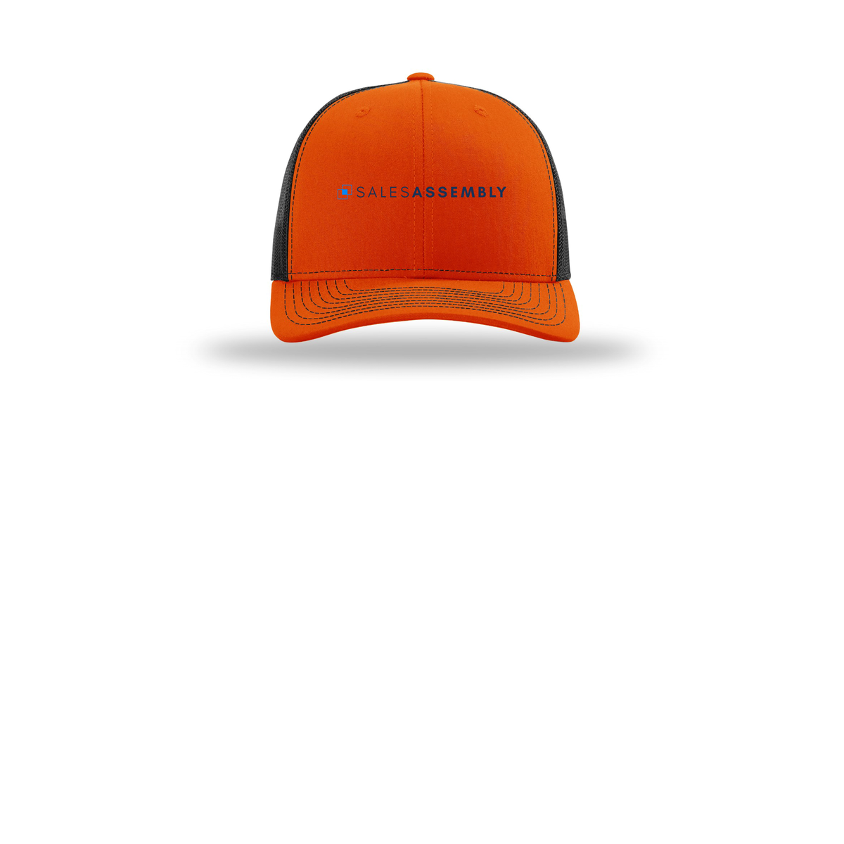 salesassembly-richardson-trucker-cap-embroidery-capfront-R112-orangeblack-flat-front