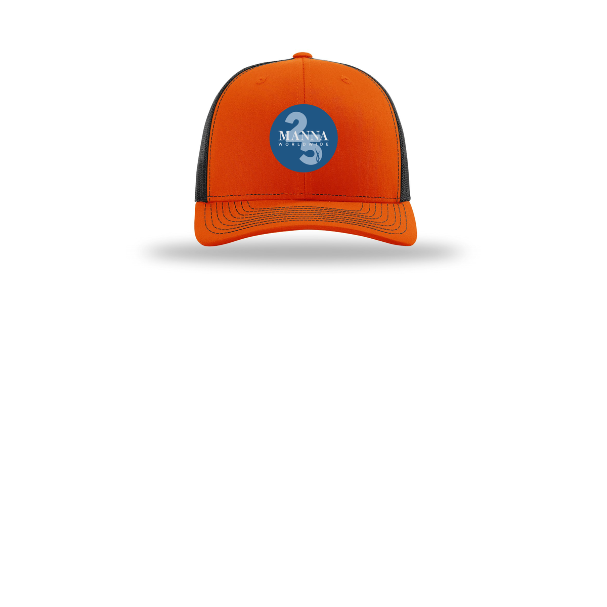 mannaworldwide-richardson-trucker-cap-embroidery-capfront-R112-orangeblack-flat-front