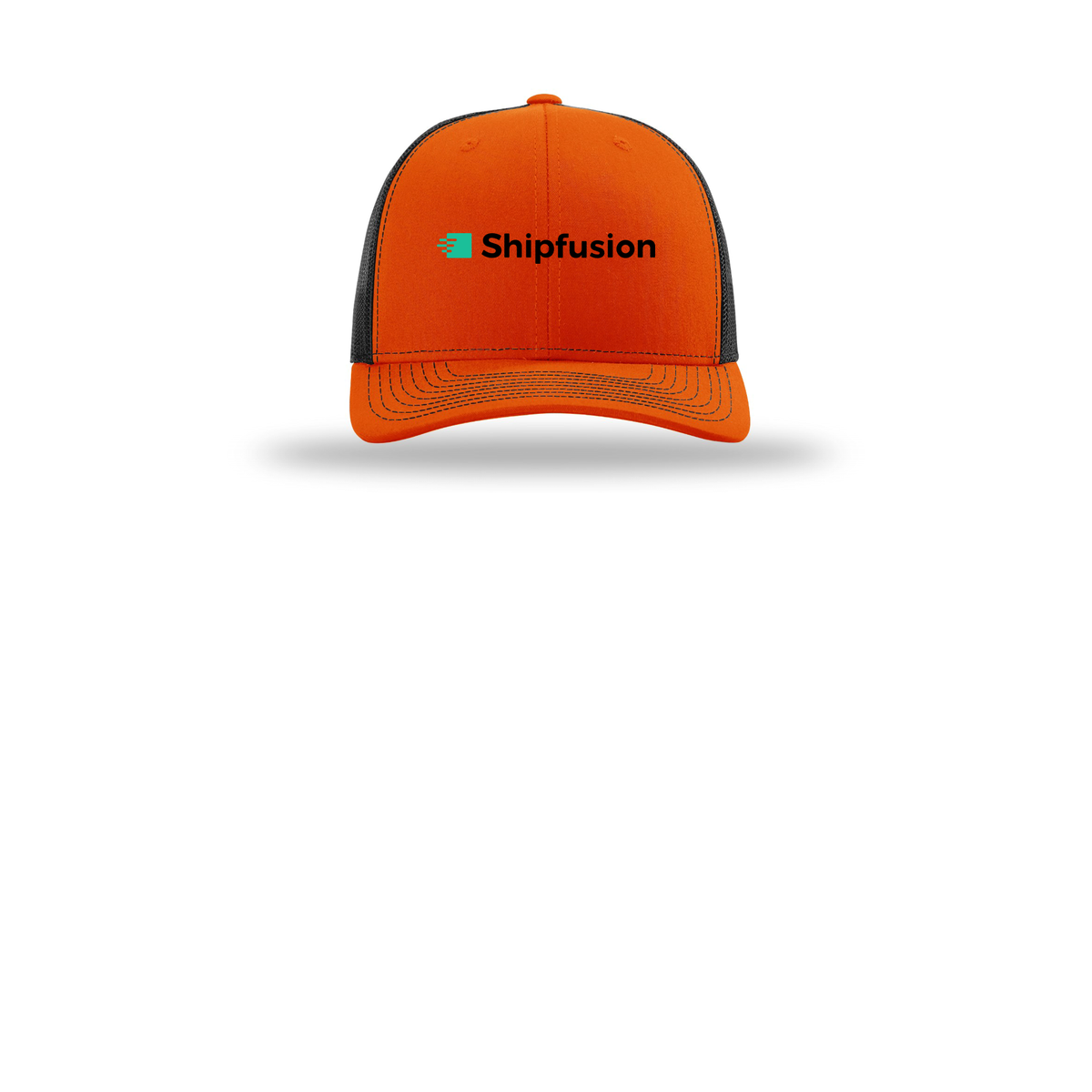 shipfusion-richardson-trucker-cap-embroidery-capfront-R112-orangeblack-flat-front