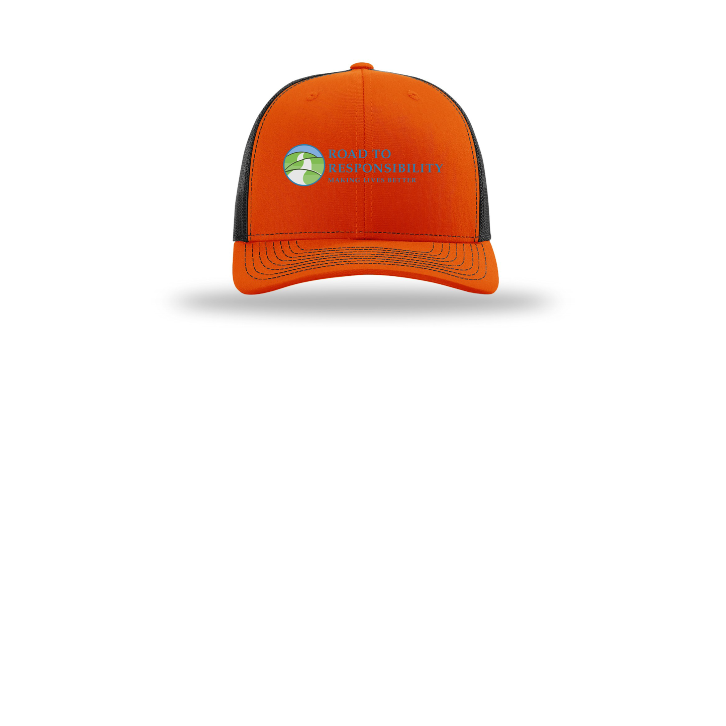 roadtoresponsibility-richardson-trucker-cap-embroidery-capfront-R112-orangeblack-flat-front