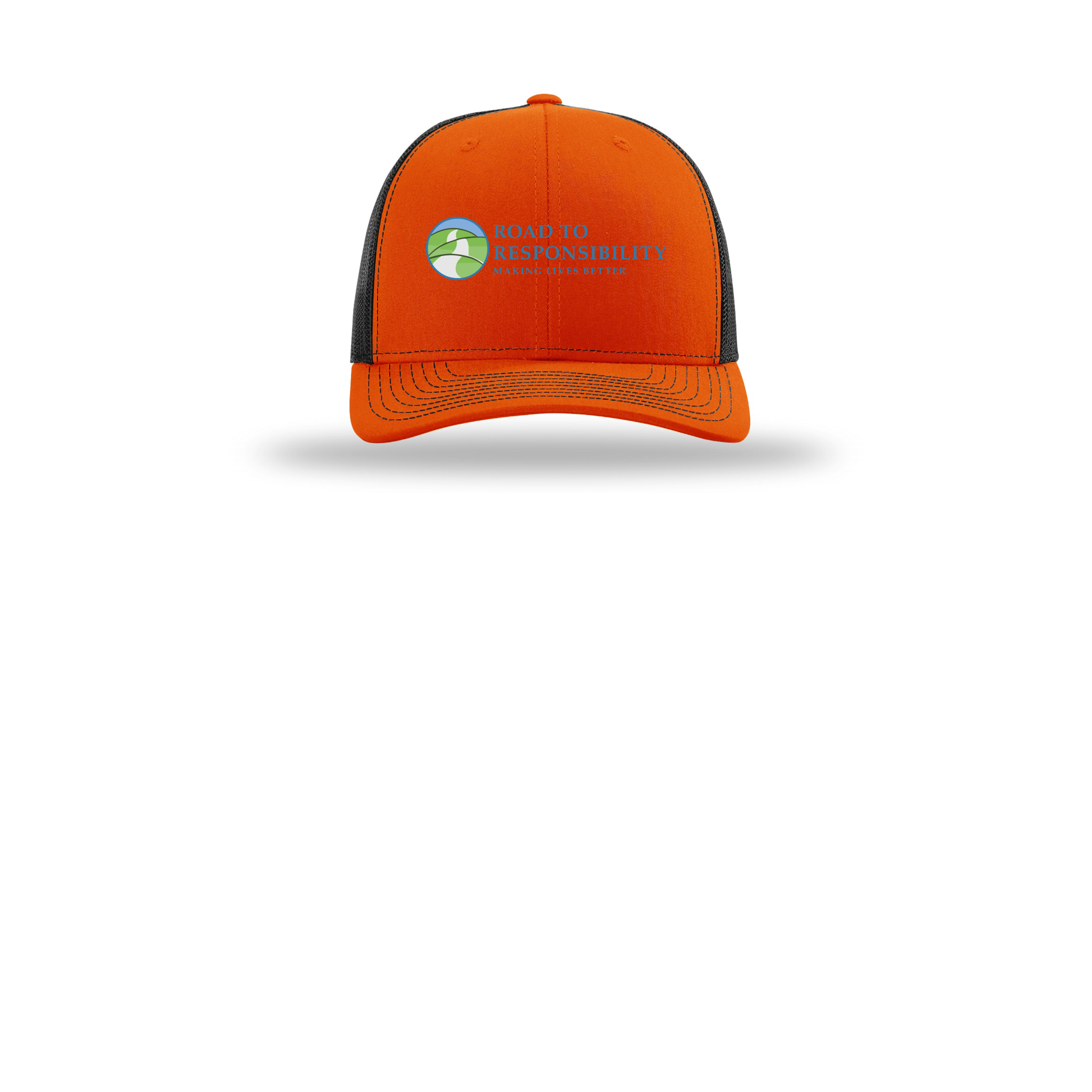 roadtoresponsibility-richardson-trucker-cap-embroidery-capfront-R112-orangeblack-flat-front