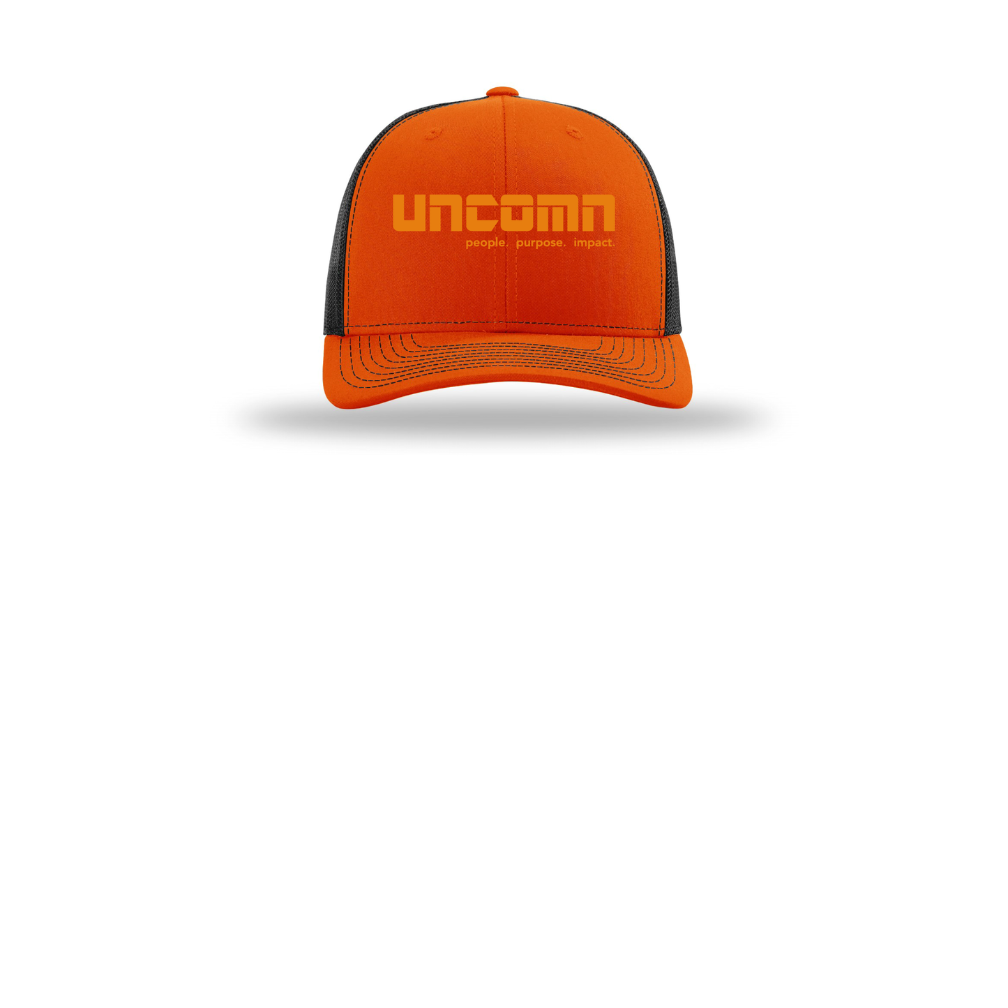 uncomn-richardson-trucker-cap-embroidery-capfront-R112-orangeblack-flat-front