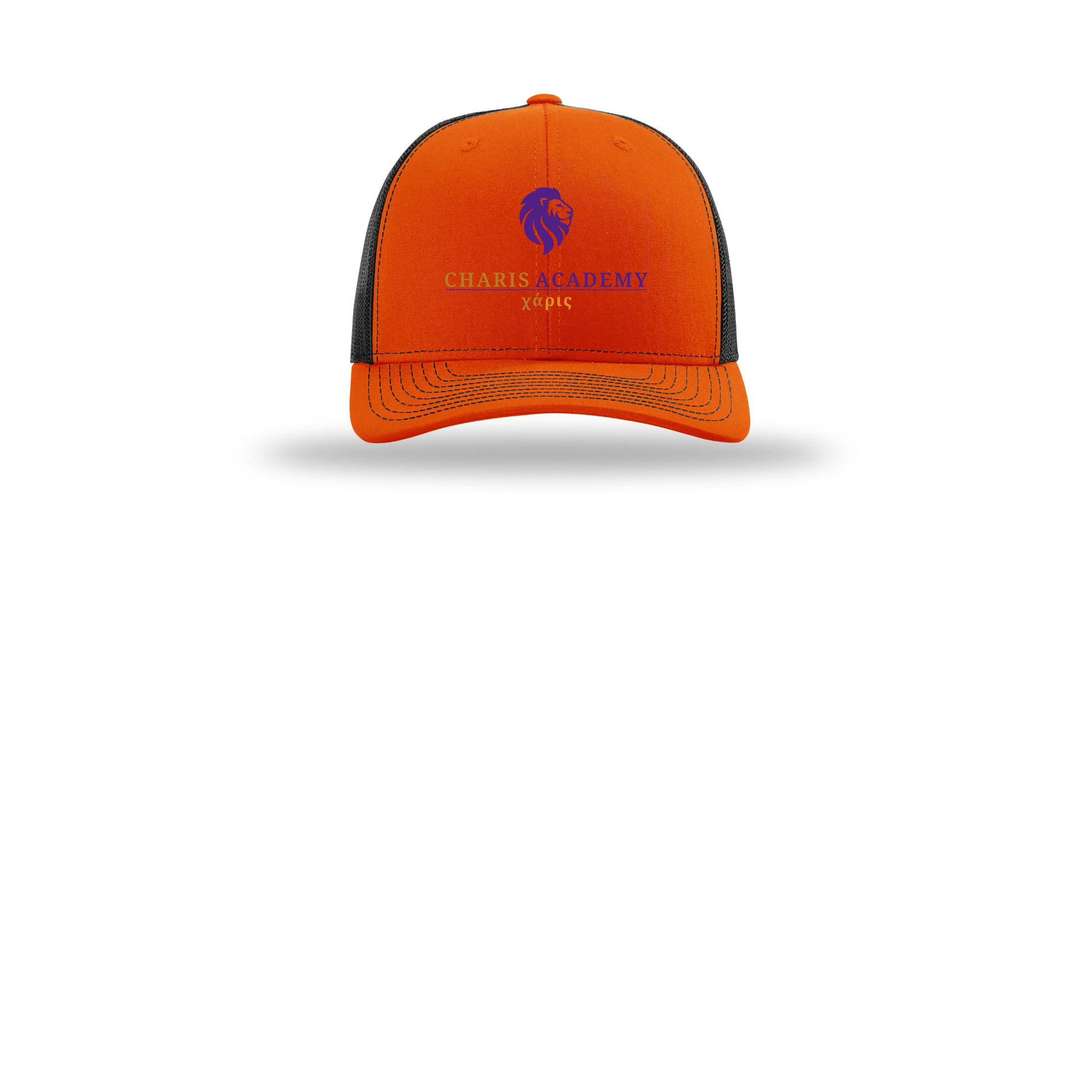 cahazleton-richardson-trucker-cap-embroidery-capfront-R112-orangeblack-flat-front