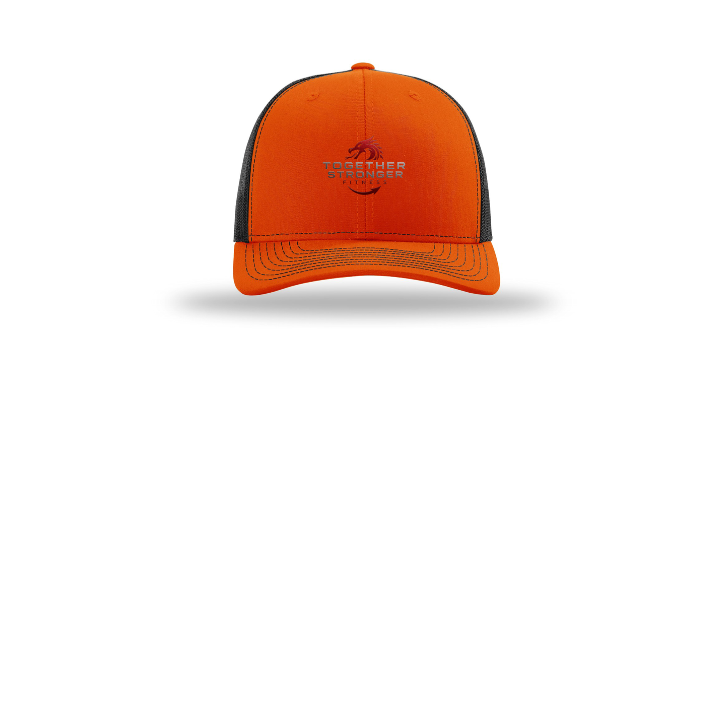 togetherstrongerfitness-richardson-trucker-cap-embroidery-capfront-R112-orangeblack-flat-front