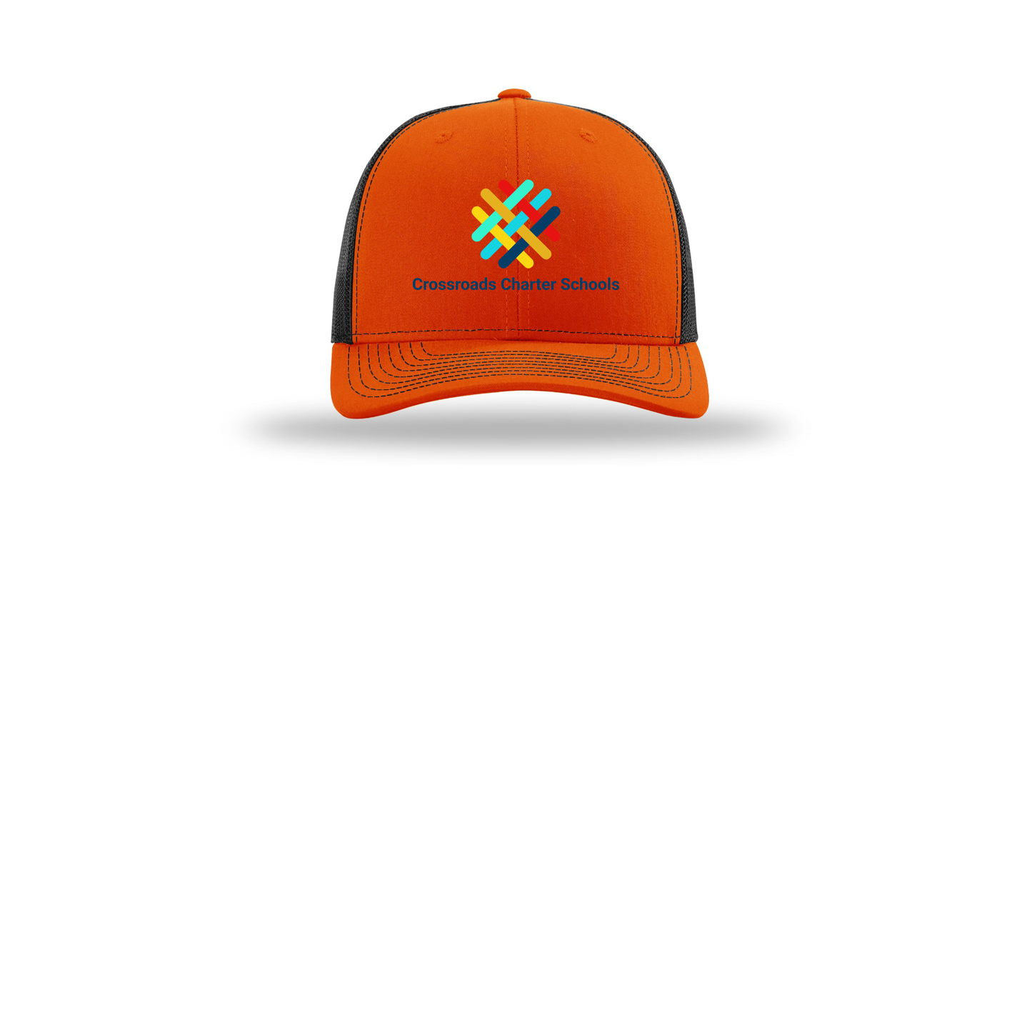 crossroadsschoolskc-richardson-trucker-cap-embroidery-capfront-R112-orangeblack-flat-front