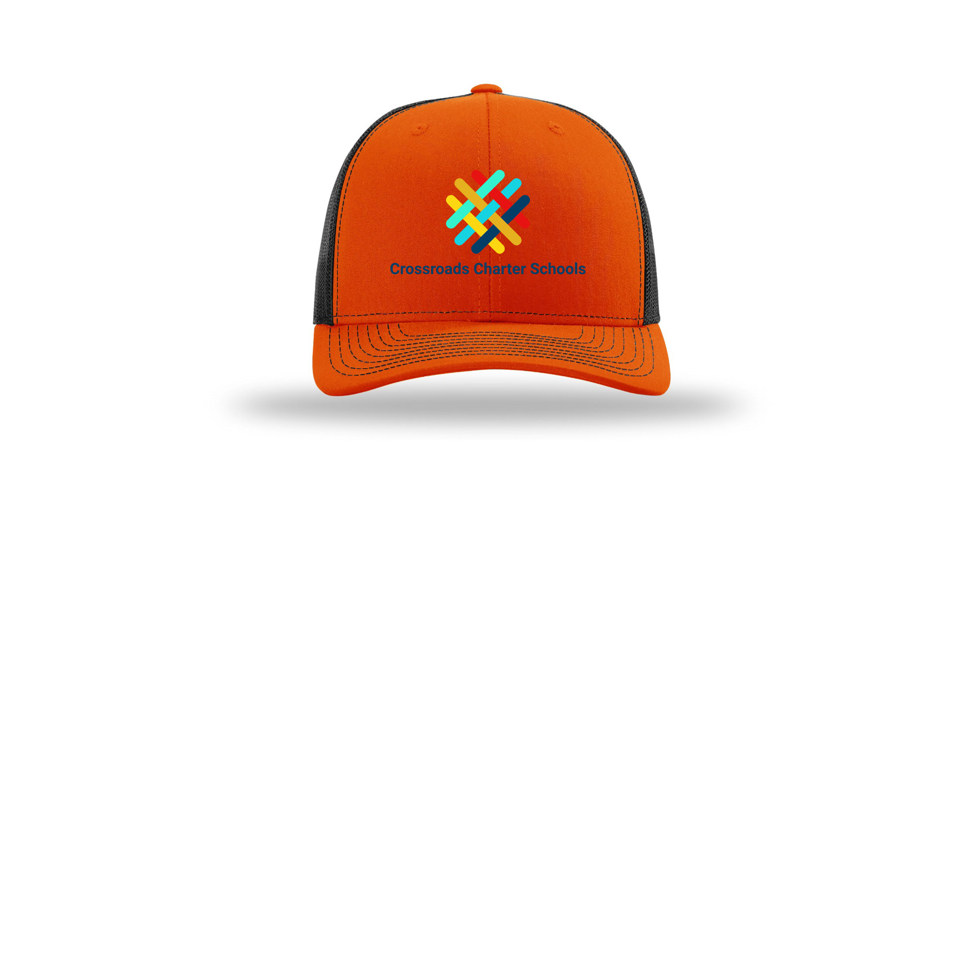 crossroadsschoolskc-richardson-trucker-cap-embroidery-capfront-R112-orangeblack-flat-front