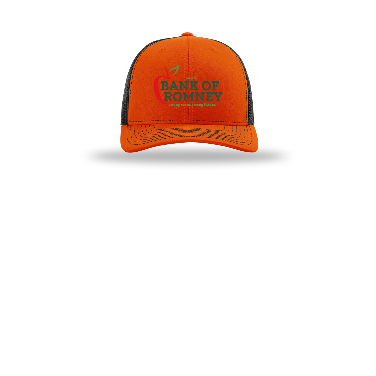 bankofromney-richardson-trucker-cap-embroidery-capfront-R112-orangeblack-flat-front
