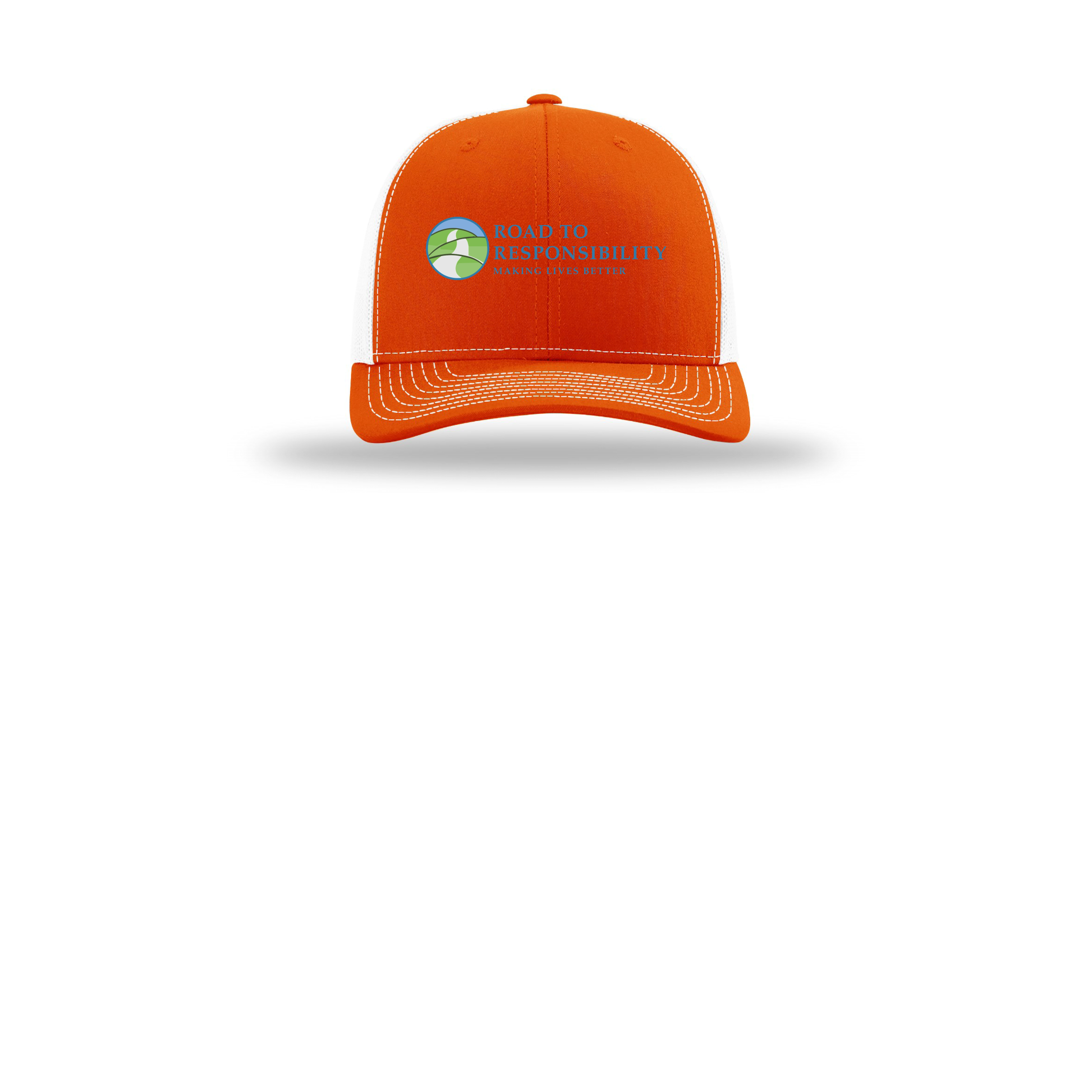 roadtoresponsibility-richardson-trucker-cap-embroidery-capfront-R112-orangewhite-flat-front
