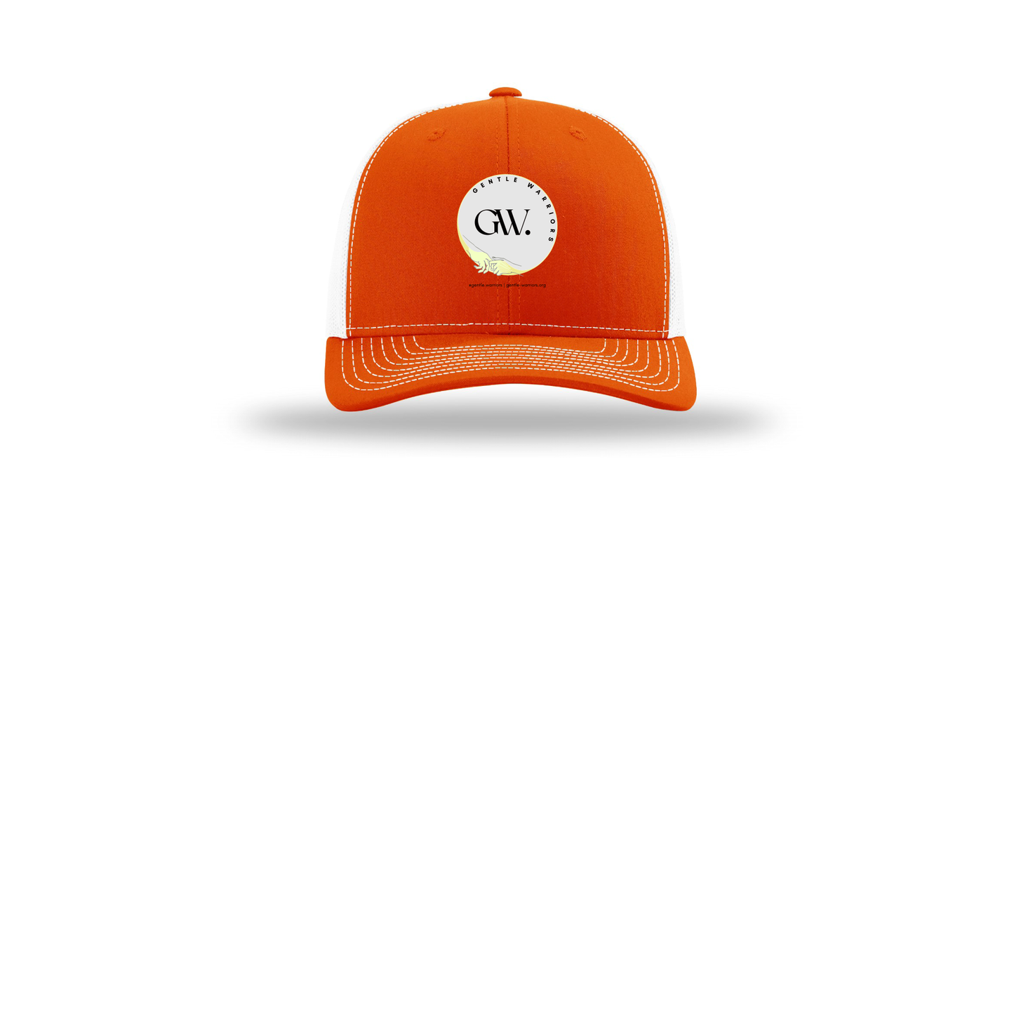 gentle-warriors-richardson-trucker-cap-embroidery-capfront-R112-orangewhite-flat-front