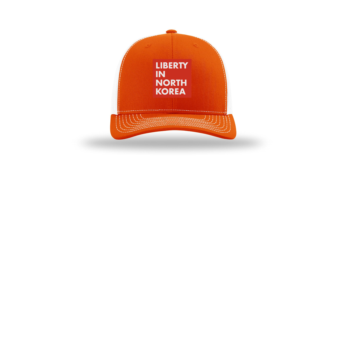 libertyinnorthkorea-richardson-trucker-cap-embroidery-capfront-R112-orangewhite-flat-front