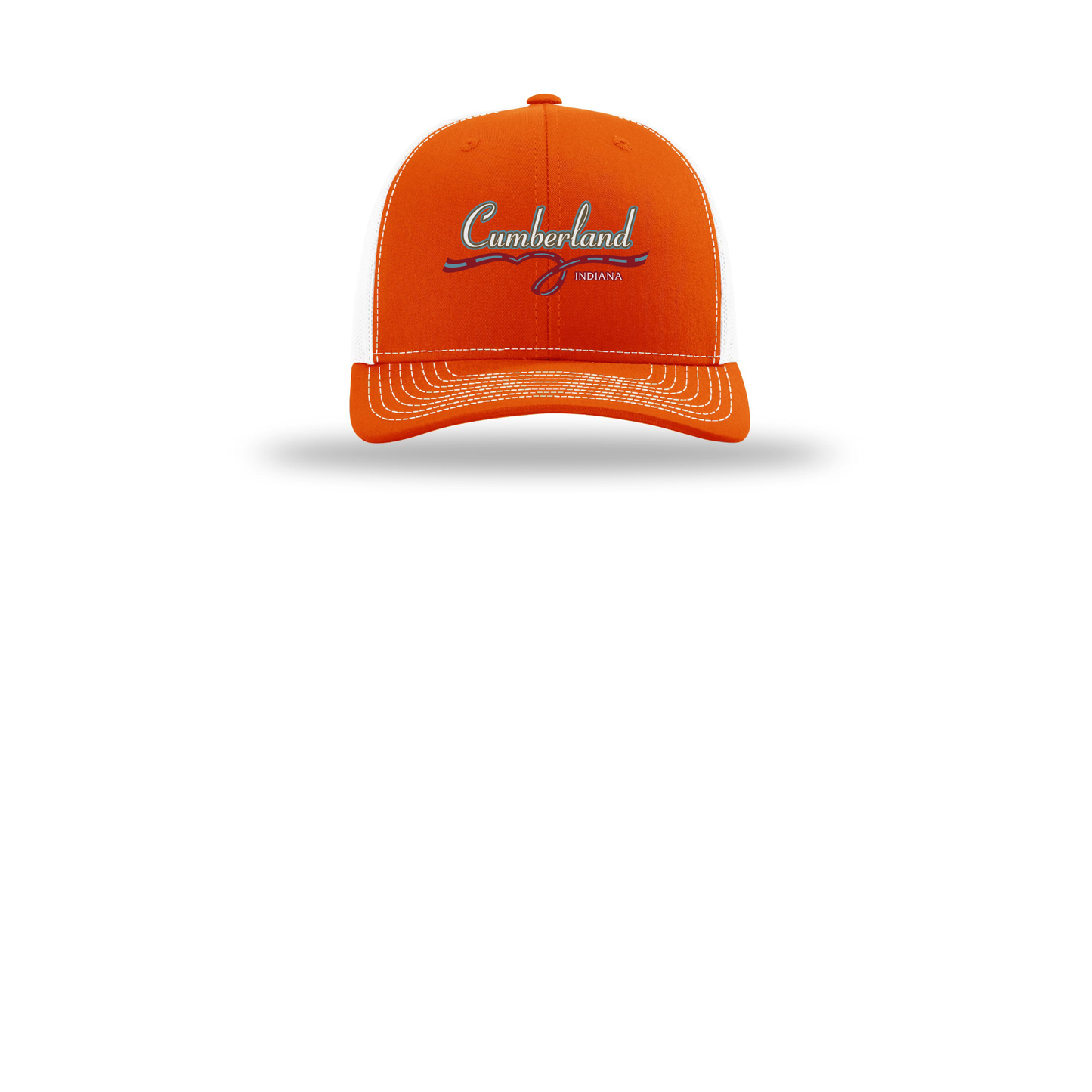 cumberland-richardson-trucker-cap-embroidery-capfront-R112-orangewhite-flat-front