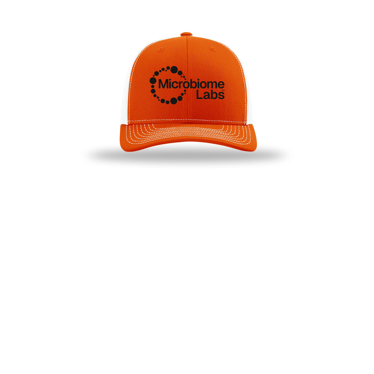 microbiomelabs-richardson-trucker-cap-embroidery-capfront-R112-orangewhite-flat-front