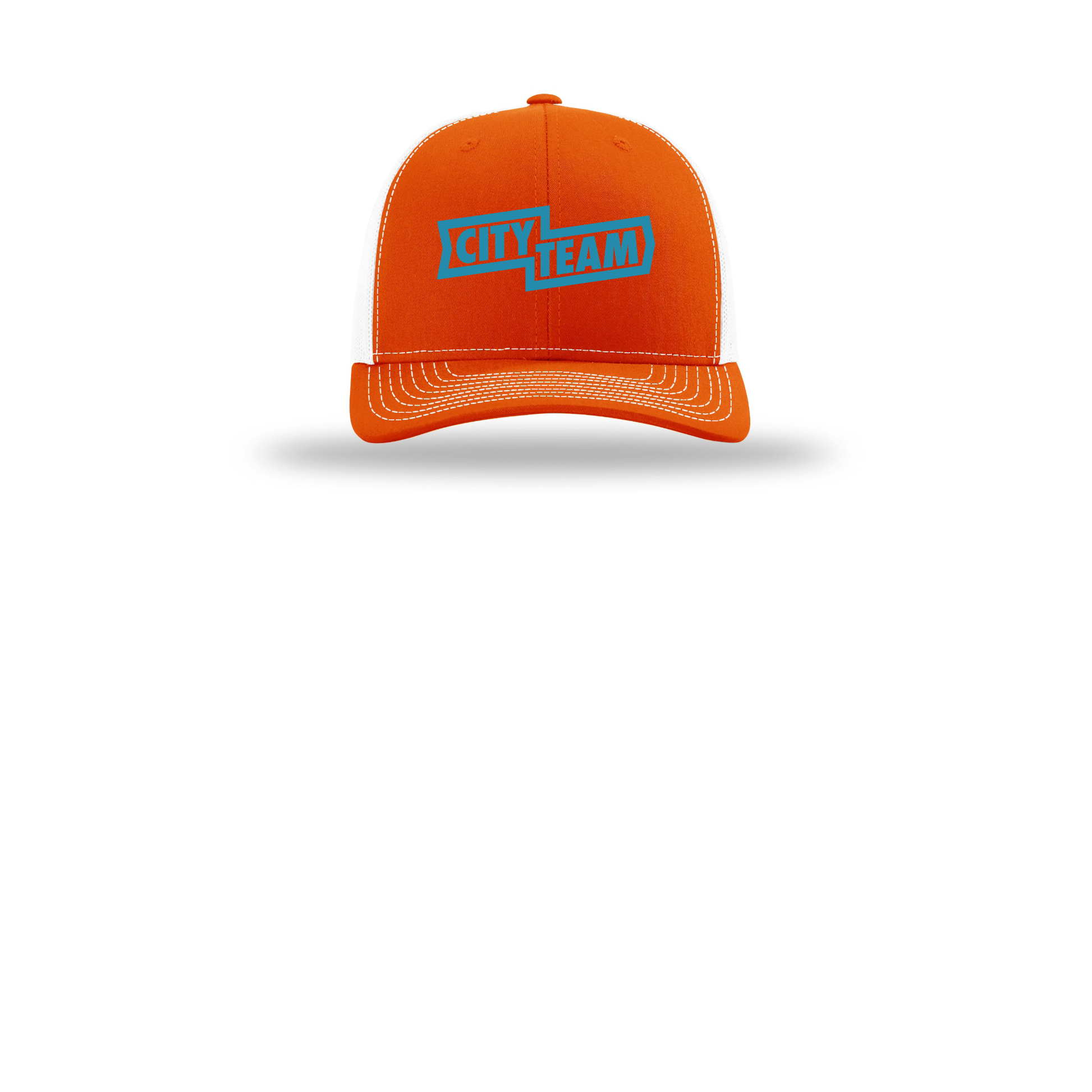 cityteam-richardson-trucker-cap-embroidery-capfront-R112-orangewhite-flat-front
