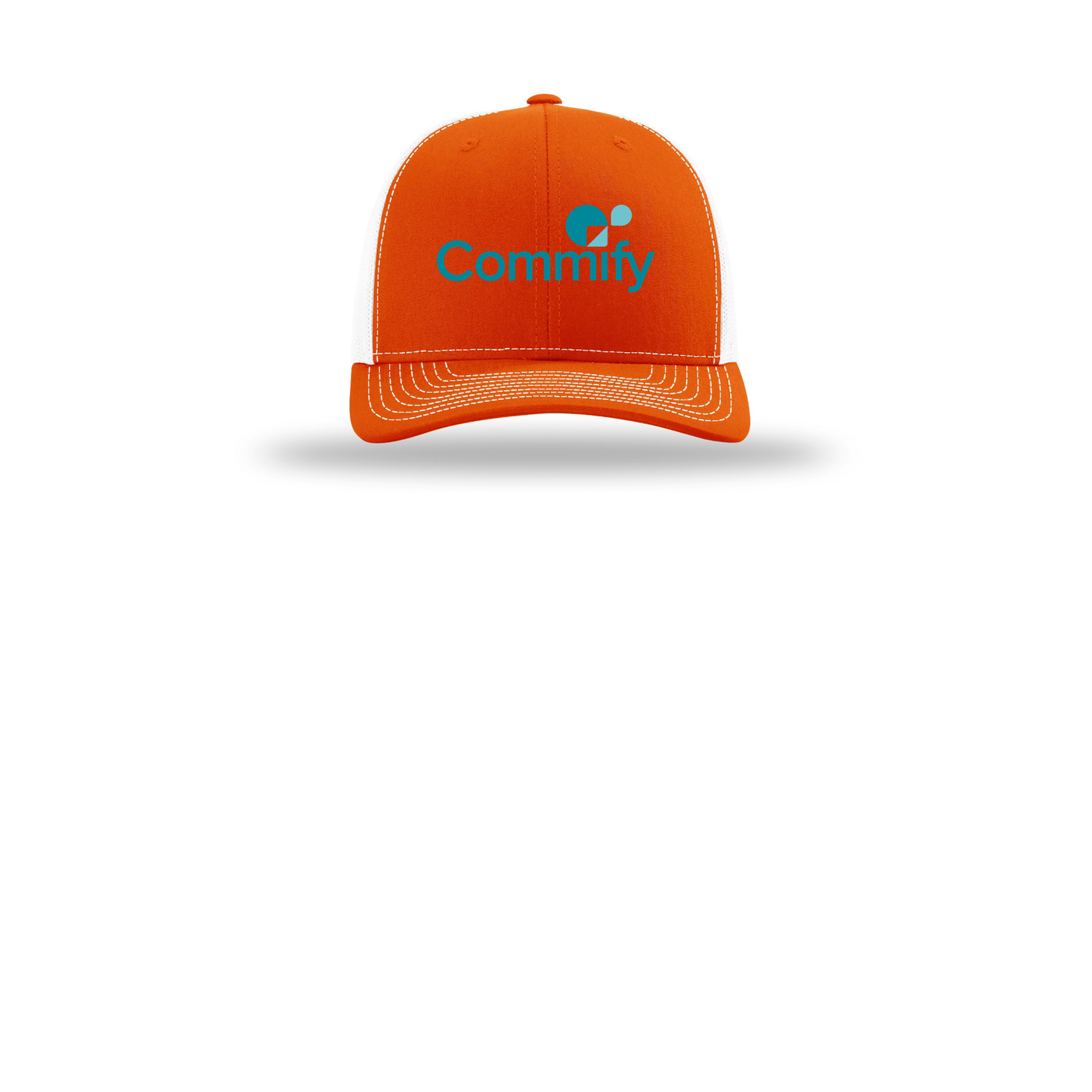 commify-richardson-trucker-cap-embroidery-capfront-R112-orangewhite-flat-front