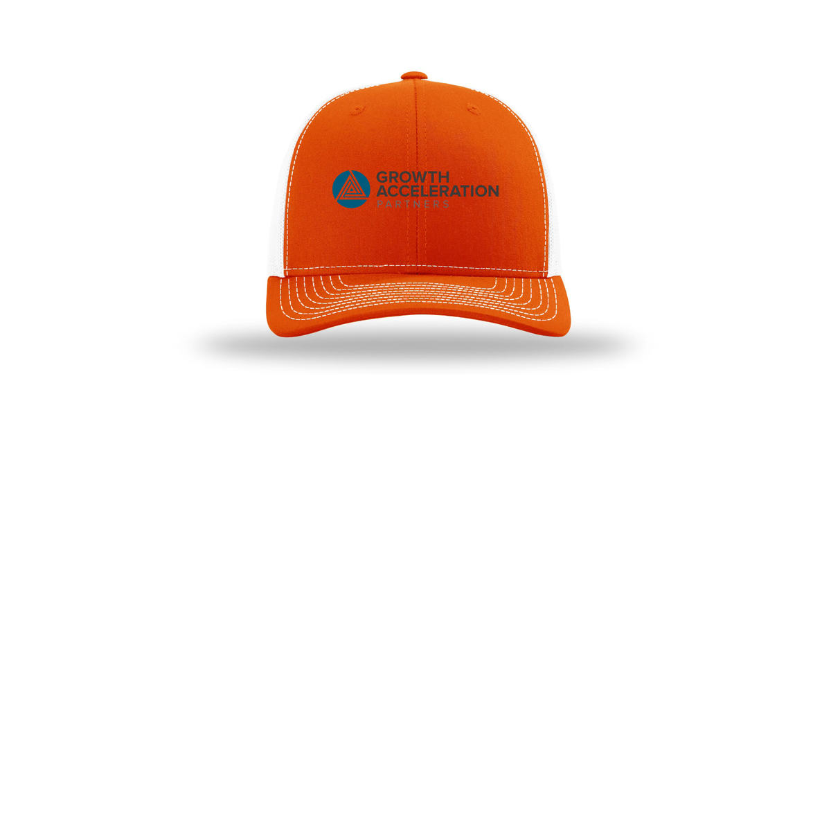 growthaccelerationpartners-richardson-trucker-cap-embroidery-capfront-R112-orangewhite-flat-front