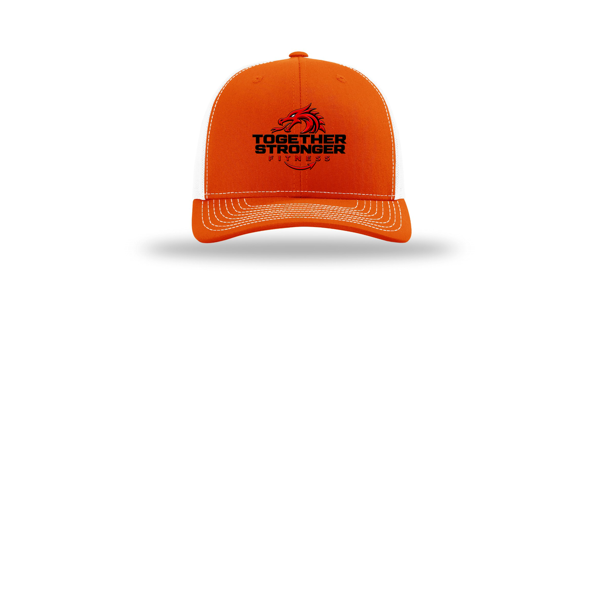 togetherstrongerfitness-richardson-trucker-cap-embroidery-capfront-R112-orangewhite-flat-front