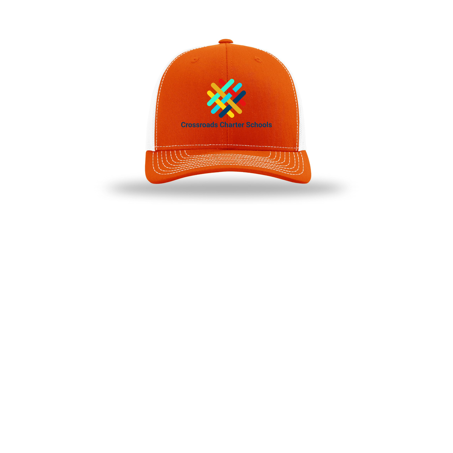 crossroadsschoolskc-richardson-trucker-cap-embroidery-capfront-R112-orangewhite-flat-front