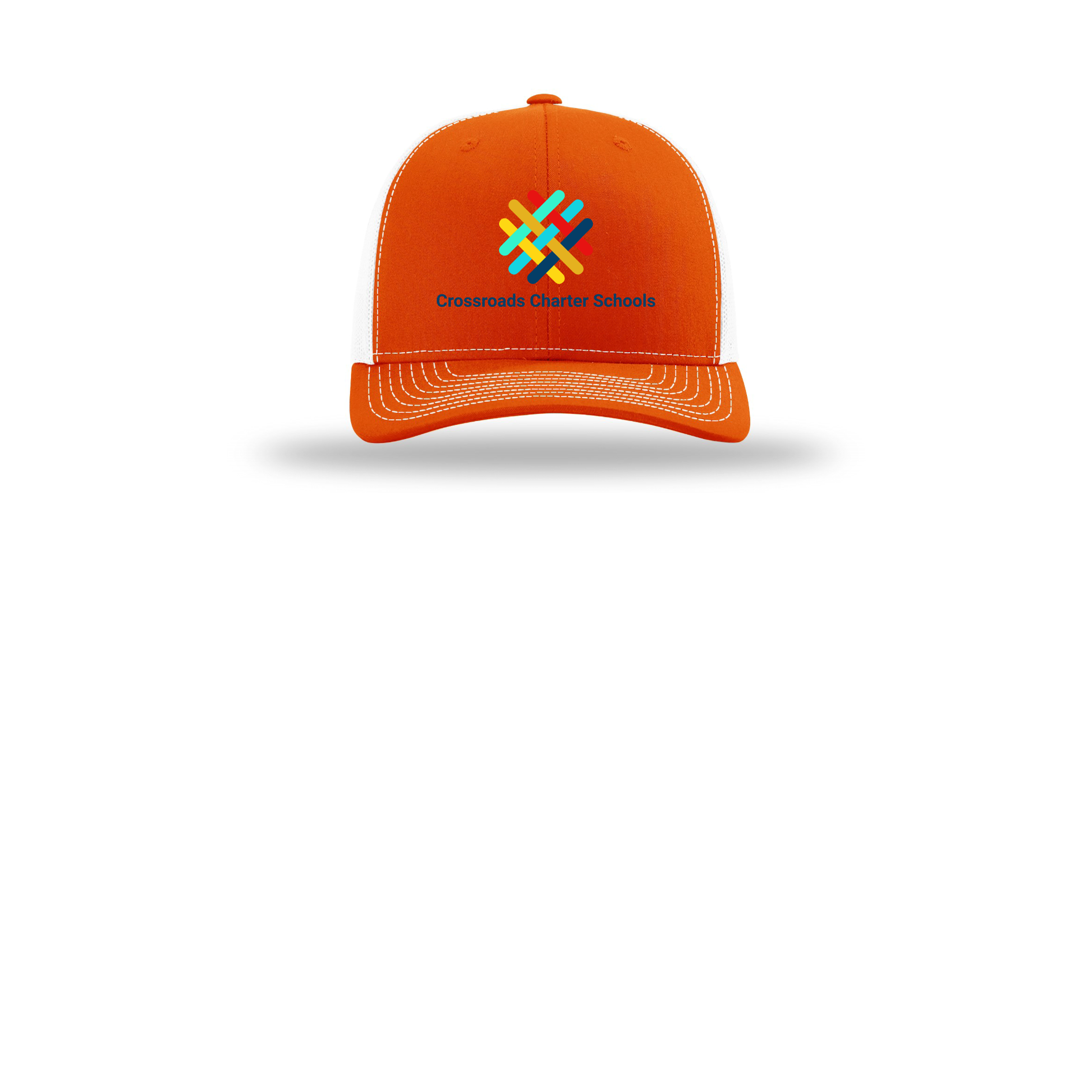 crossroadsschoolskc-richardson-trucker-cap-embroidery-capfront-R112-orangewhite-flat-front