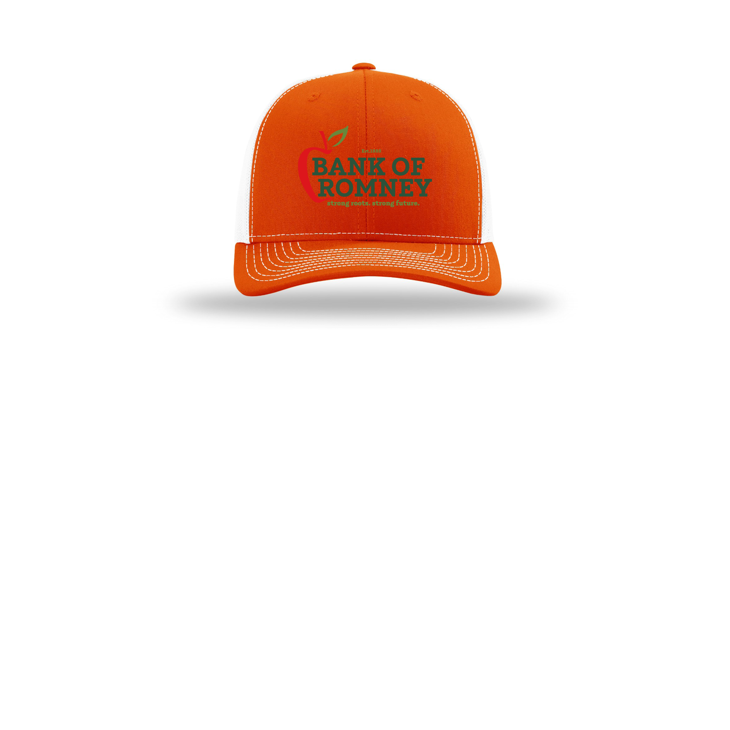 bankofromney-richardson-trucker-cap-embroidery-capfront-R112-orangewhite-flat-front