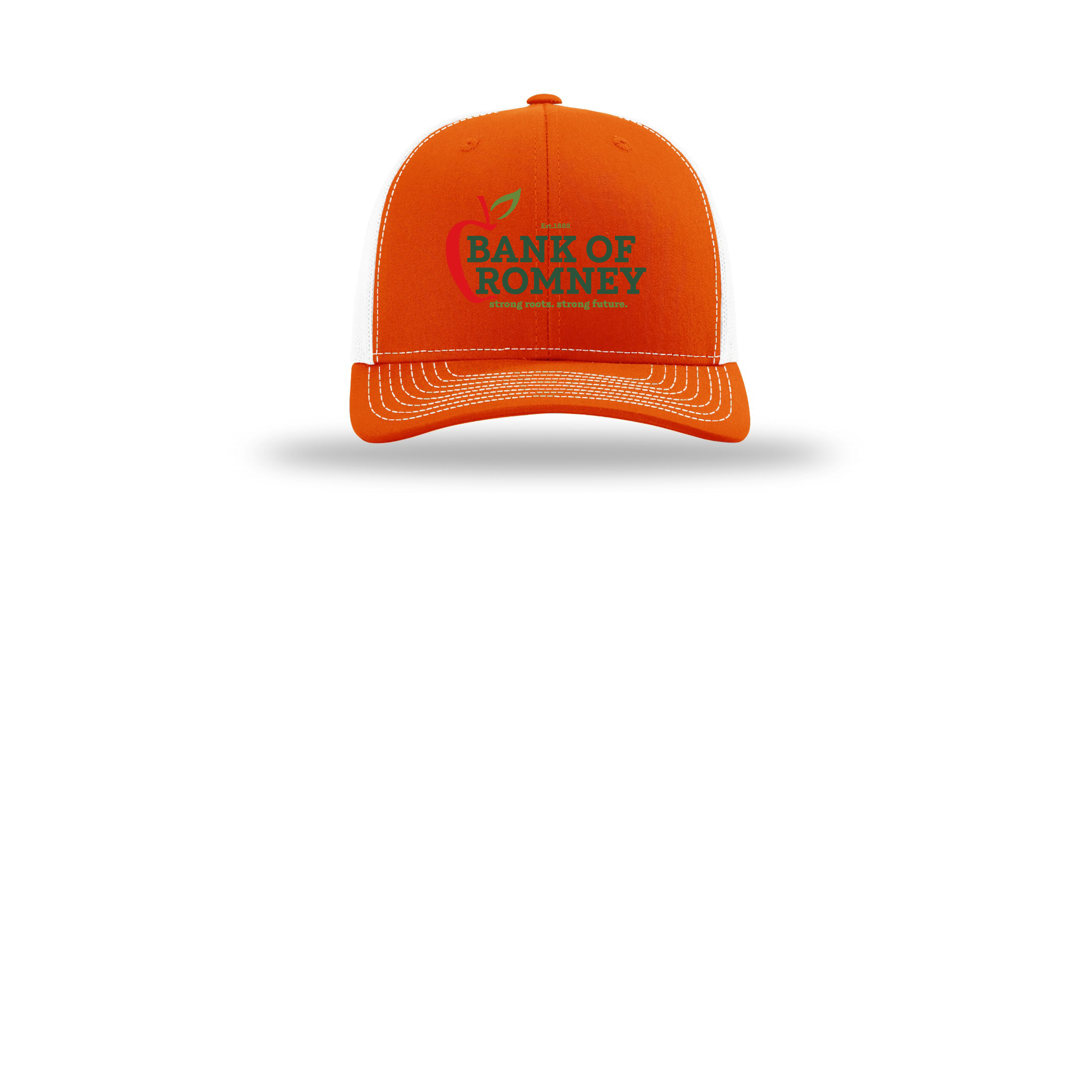 bankofromney-richardson-trucker-cap-embroidery-capfront-R112-orangewhite-flat-front