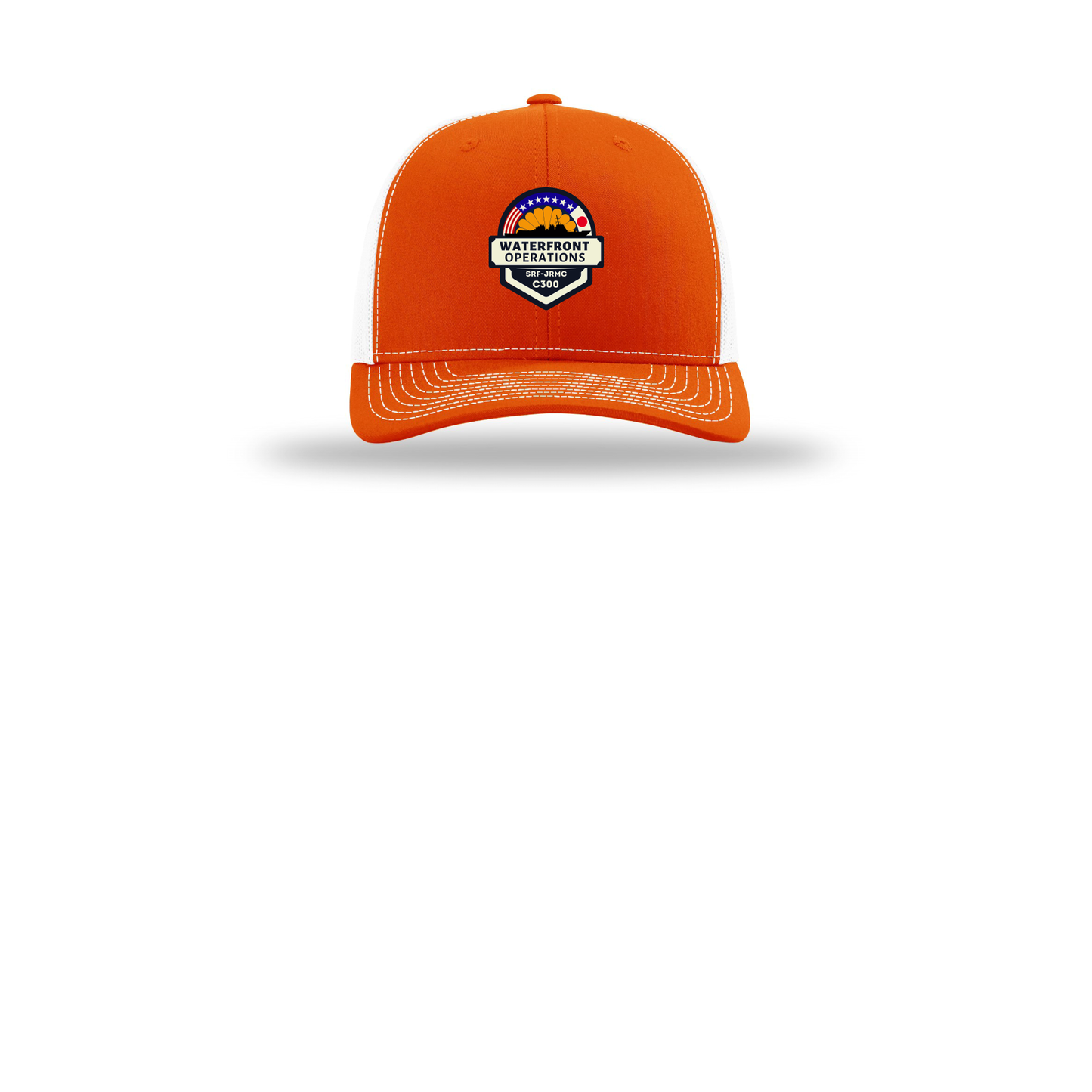 waterfront-operations-retro-trucker-cap-embroidery-capfront-R112-orangewhite-flat-front